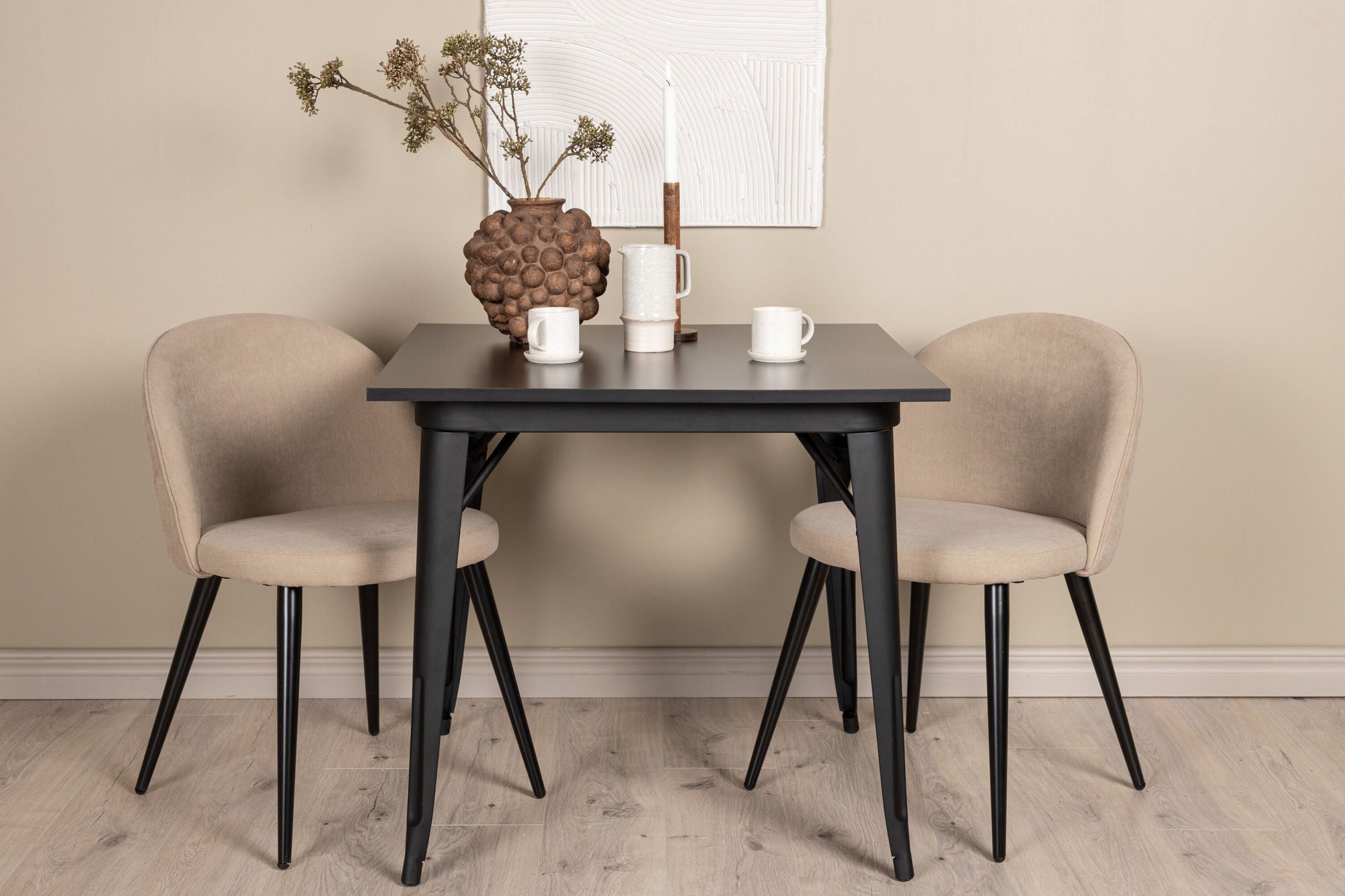 Venture Home Tempe spisebord - Black / Black MDF +Velvet Stitches stol - Black / Beige Fabric (Polyester linen ) _2