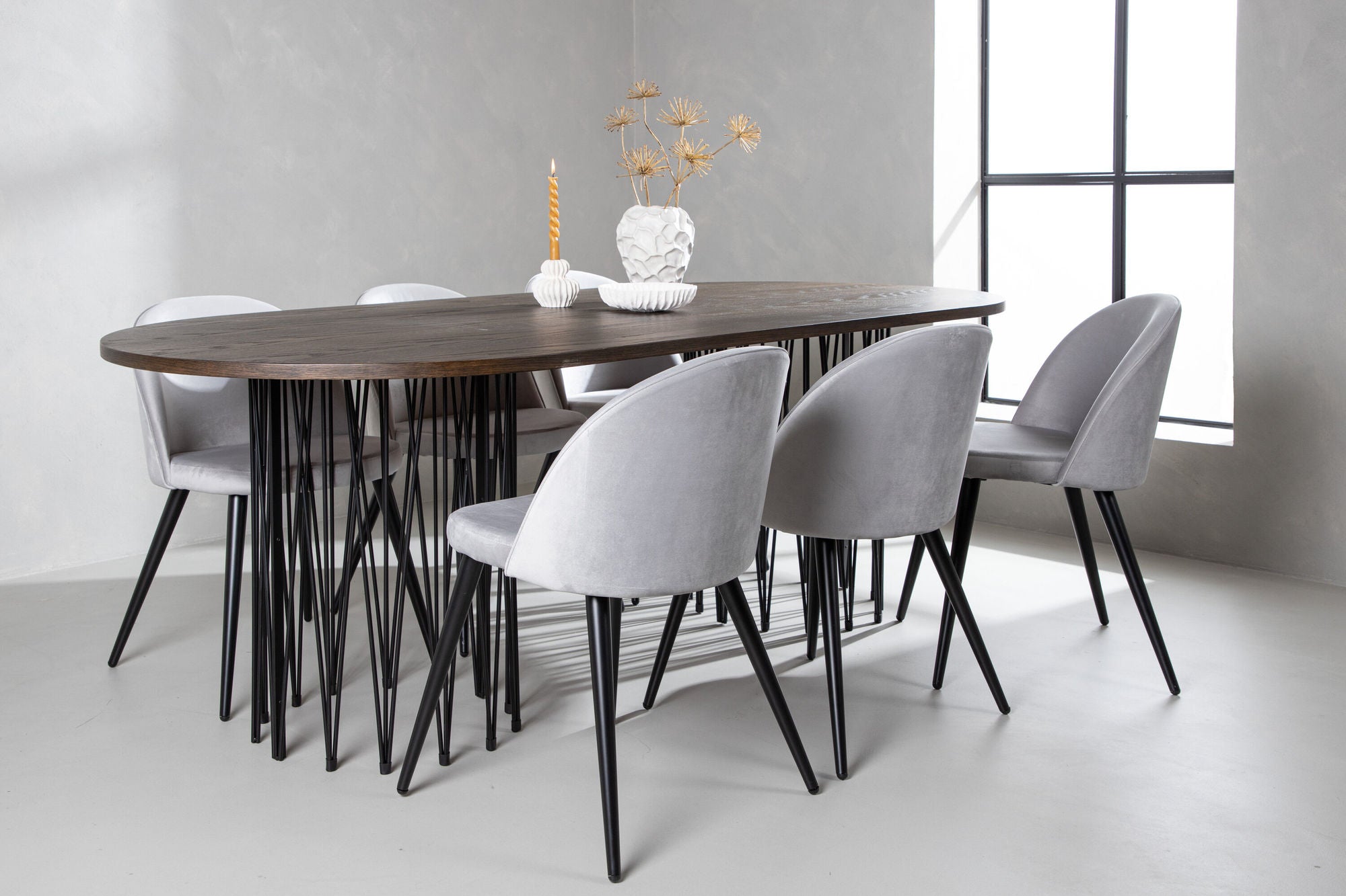 Venture Home Stone oval spisebord - Black / Mocca Veneer +Velvet Spisebordsstol - Light Grey / Black _6