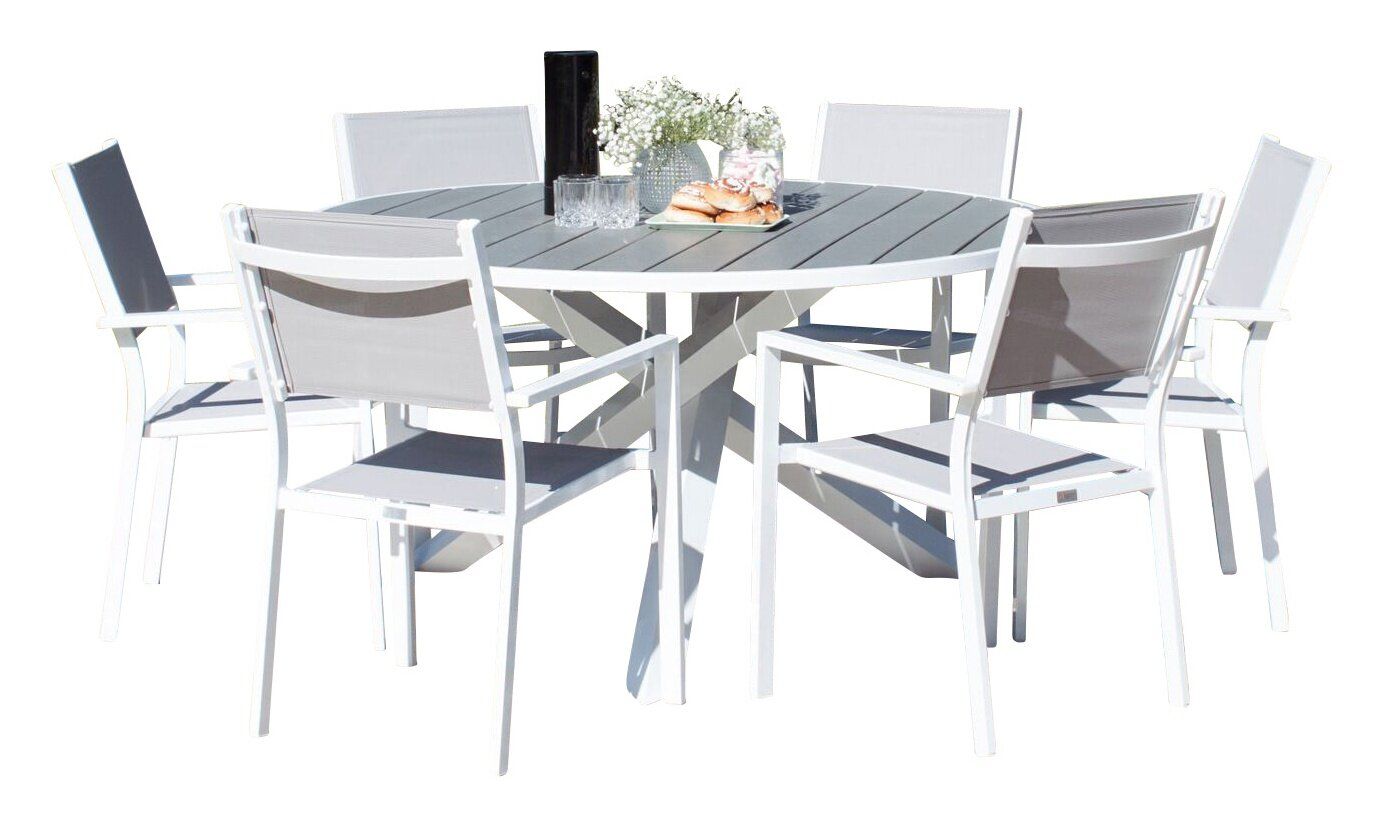 Venture Home Parma spisebord ø140 - White Alu / Grey Aintwood+Copacabana Arm stol (stacka