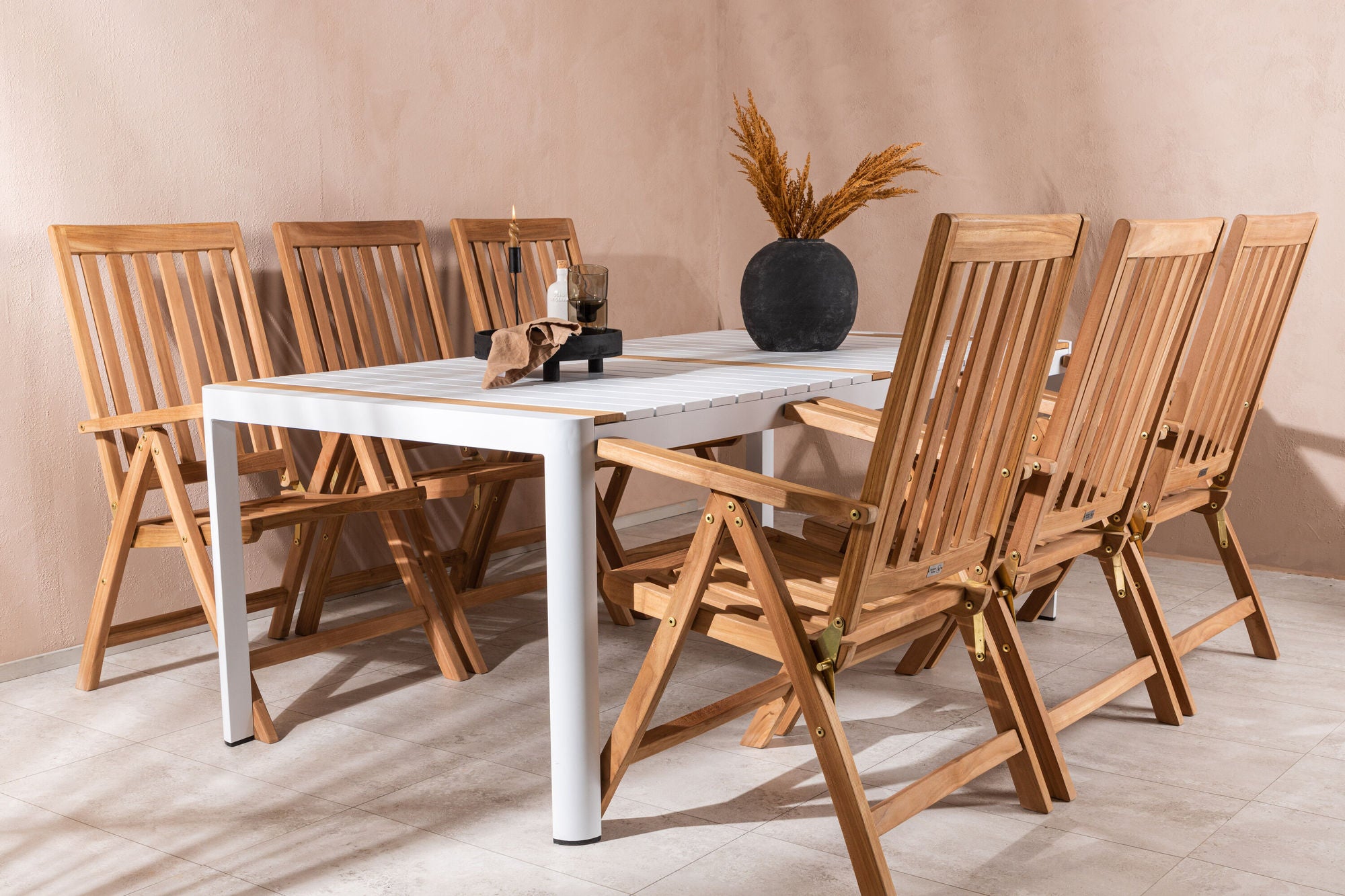 Venture Home Togo - spisebord- White / Teak - Allu / Teak - 200*100 _1+ Kenya 5-position Folding stol - Teak _6