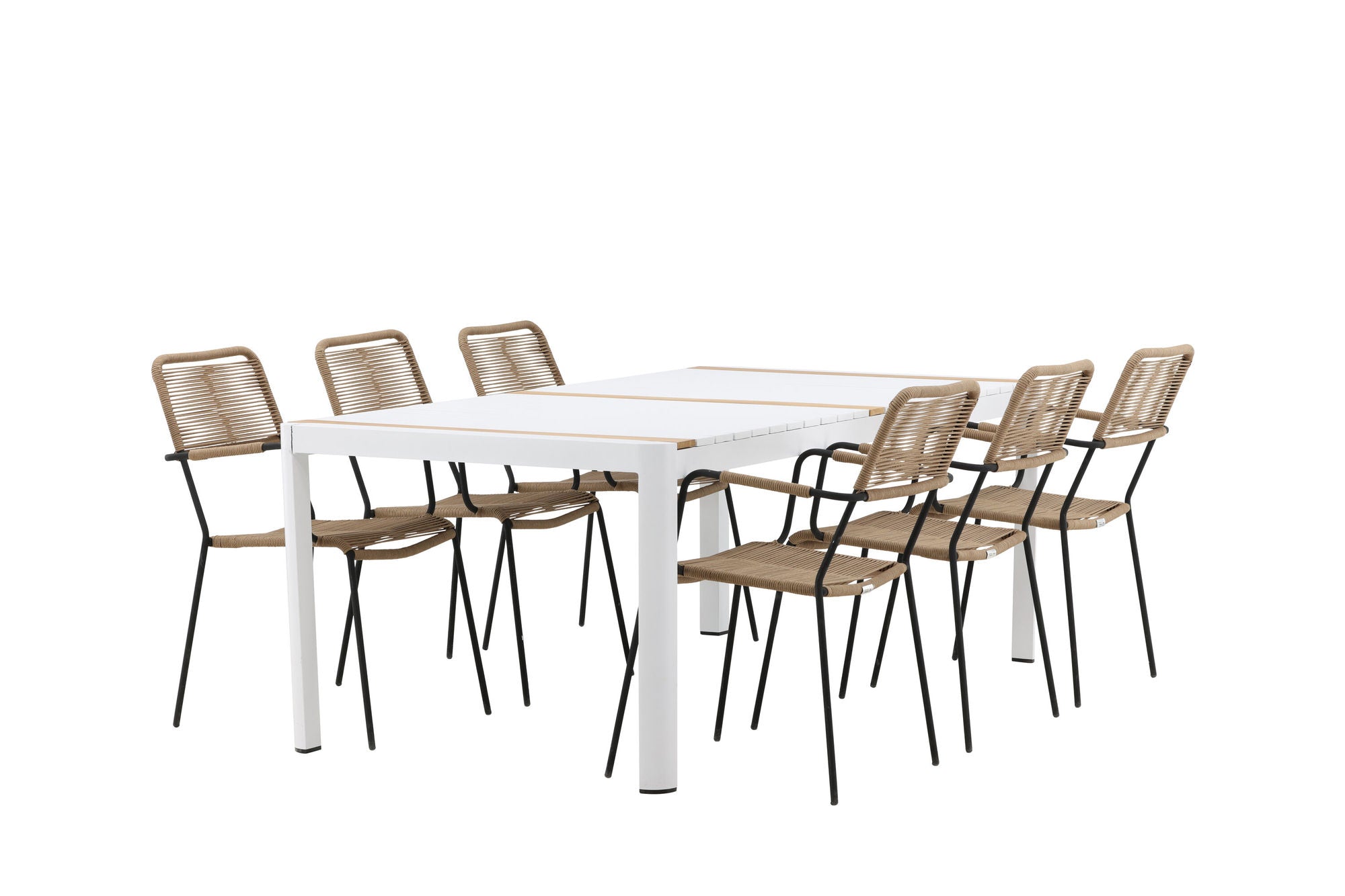 Venture Home Togo - spisebord- White / Teak - Allu / Teak - 200*100 _1+ Lindos - Armchair - Black Alu / Latte Rope _6
