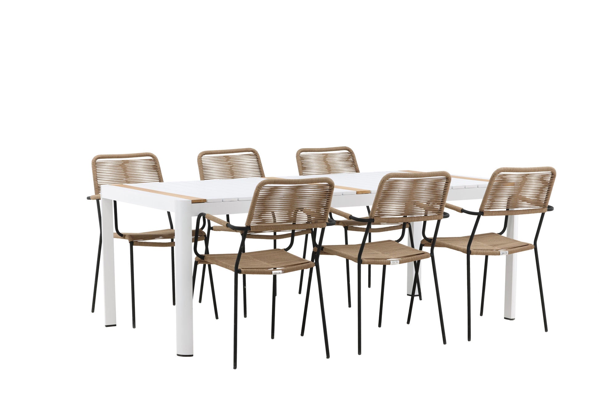 Venture Home Togo - spisebord- White / Teak - Allu / Teak - 200*100 _1+ Lindos - Armchair - Black Alu / Latte Rope _6
