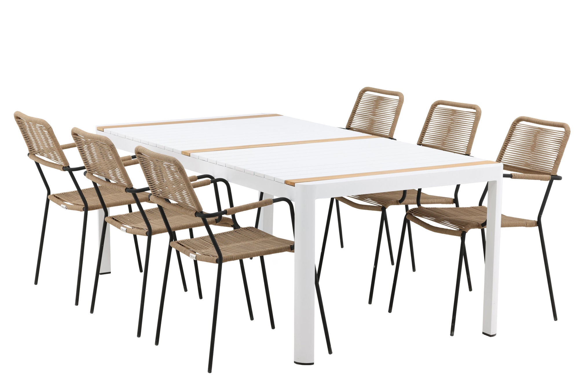 Venture Home Togo - spisebord- White / Teak - Allu / Teak - 200*100 _1+ Lindos - Armchair - Black Alu / Latte Rope _6