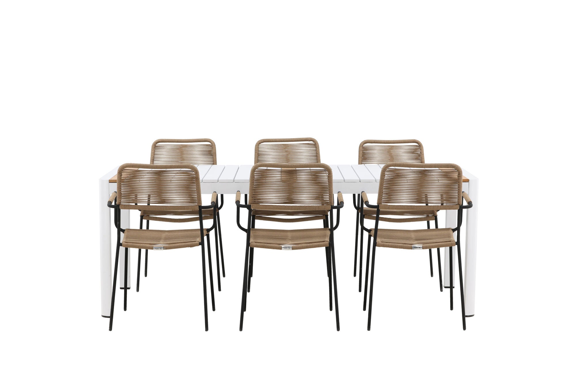 Venture Home Togo - spisebord- White / Teak - Allu / Teak - 200*100 _1+ Lindos - Armchair - Black Alu / Latte Rope _6