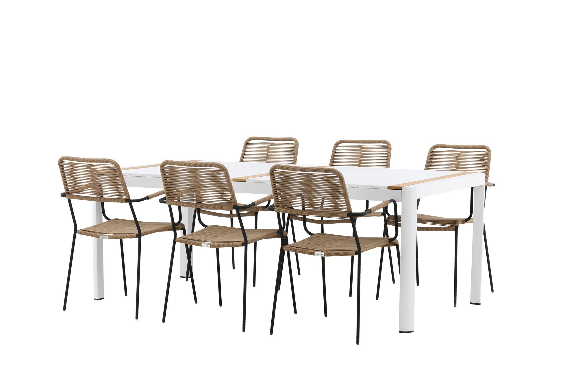 Venture Home Togo - spisebord- White / Teak - Allu / Teak - 200*100 _1+ Lindos - Armchair - Black Alu / Latte Rope _6