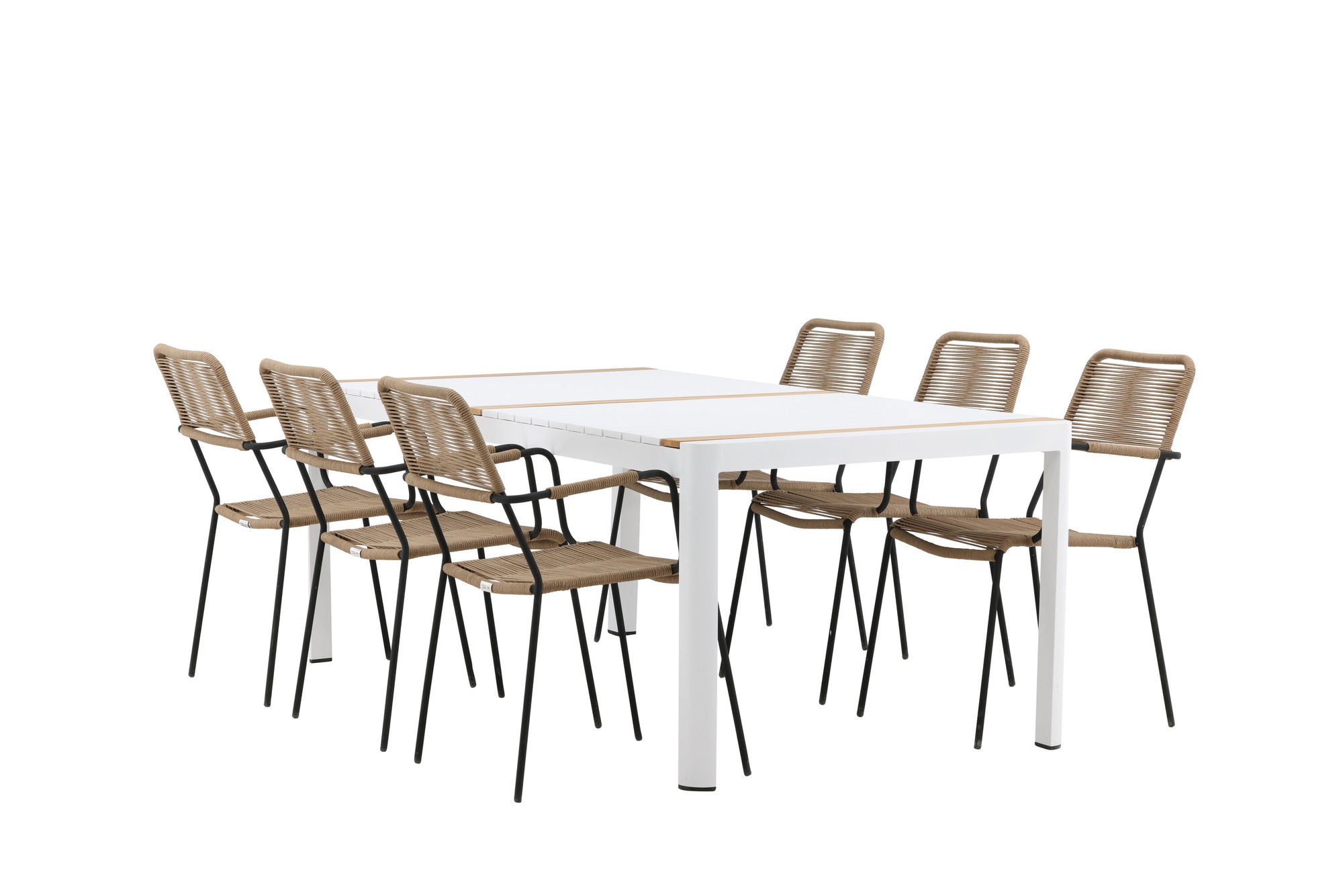 Venture Home Togo - spisebord- White / Teak - Allu / Teak - 200*100 _1+ Lindos - Armchair - Black Alu / Latte Rope _6