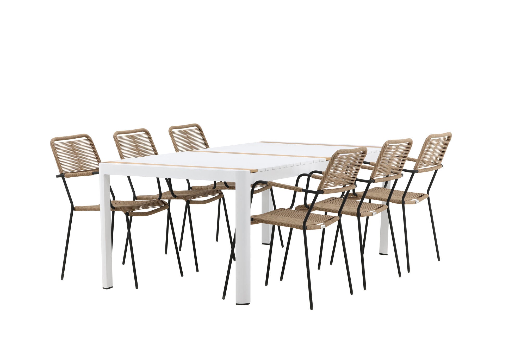 Venture Home Togo - spisebord- White / Teak - Allu / Teak - 200*100 _1+ Lindos - Armchair - Black Alu / Latte Rope _6