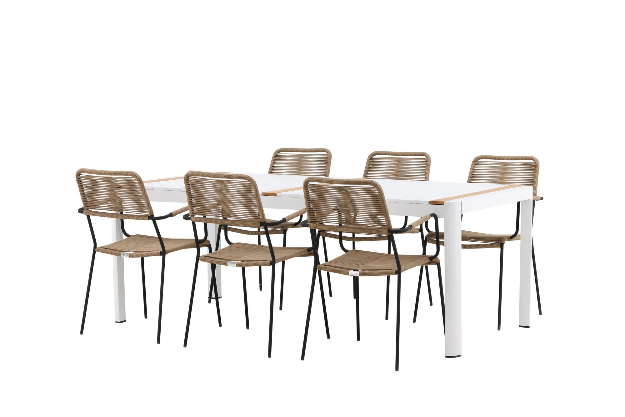 Venture Home Togo - spisebord- White / Teak - Allu / Teak - 200*100 _1+ Lindos - Armchair - Black Alu / Latte Rope _6