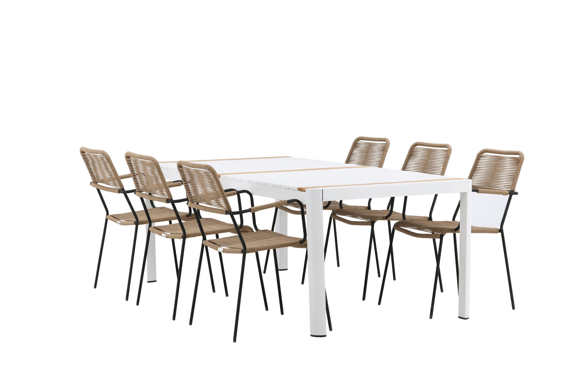 Venture Home Togo - spisebord- White / Teak - Allu / Teak - 200*100 _1+ Lindos - Armchair - Black Alu / Latte Rope _6
