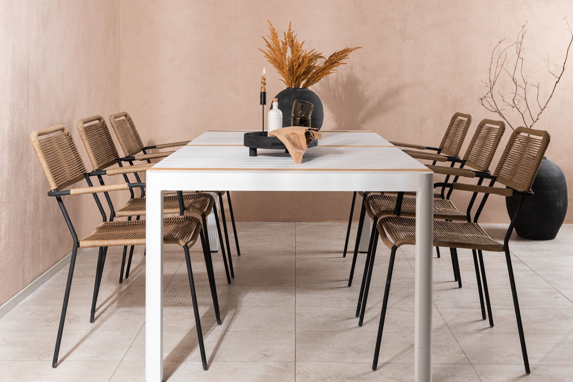 Venture Home Togo - spisebord- White / Teak - Allu / Teak - 200*100 _1+ Lindos - Armchair - Black Alu / Latte Rope _6