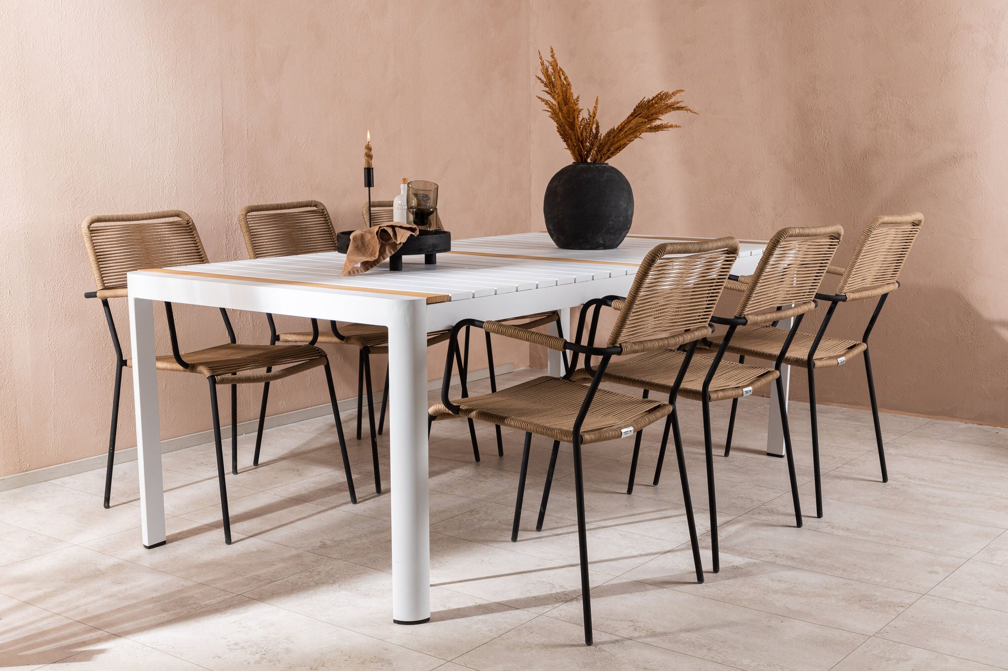 Venture Home Togo - spisebord- White / Teak - Allu / Teak - 200*100 _1+ Lindos - Armchair - Black Alu / Latte Rope _6