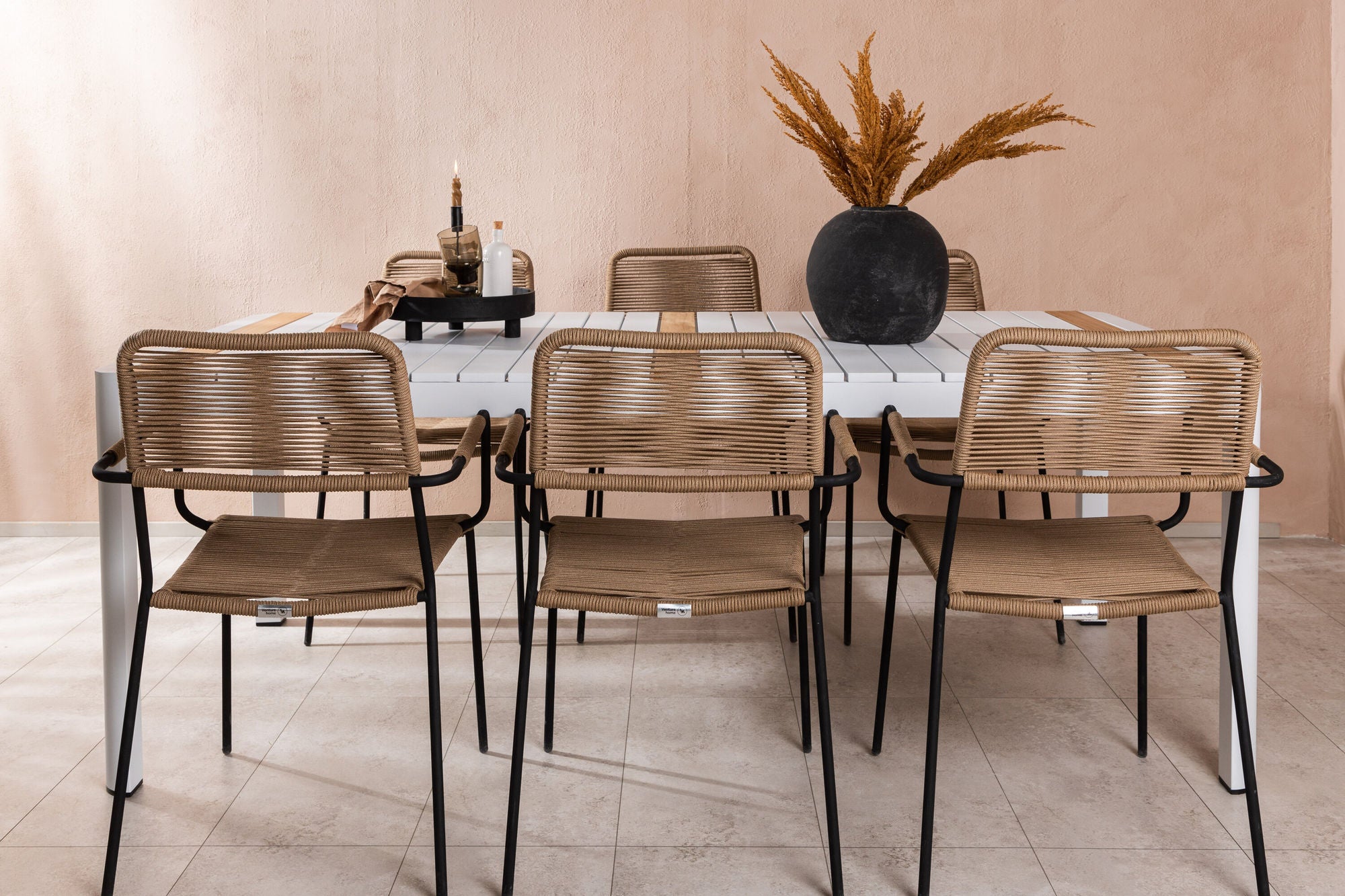 Venture Home Togo - spisebord- White / Teak - Allu / Teak - 200*100 _1+ Lindos - Armchair - Black Alu / Latte Rope _6