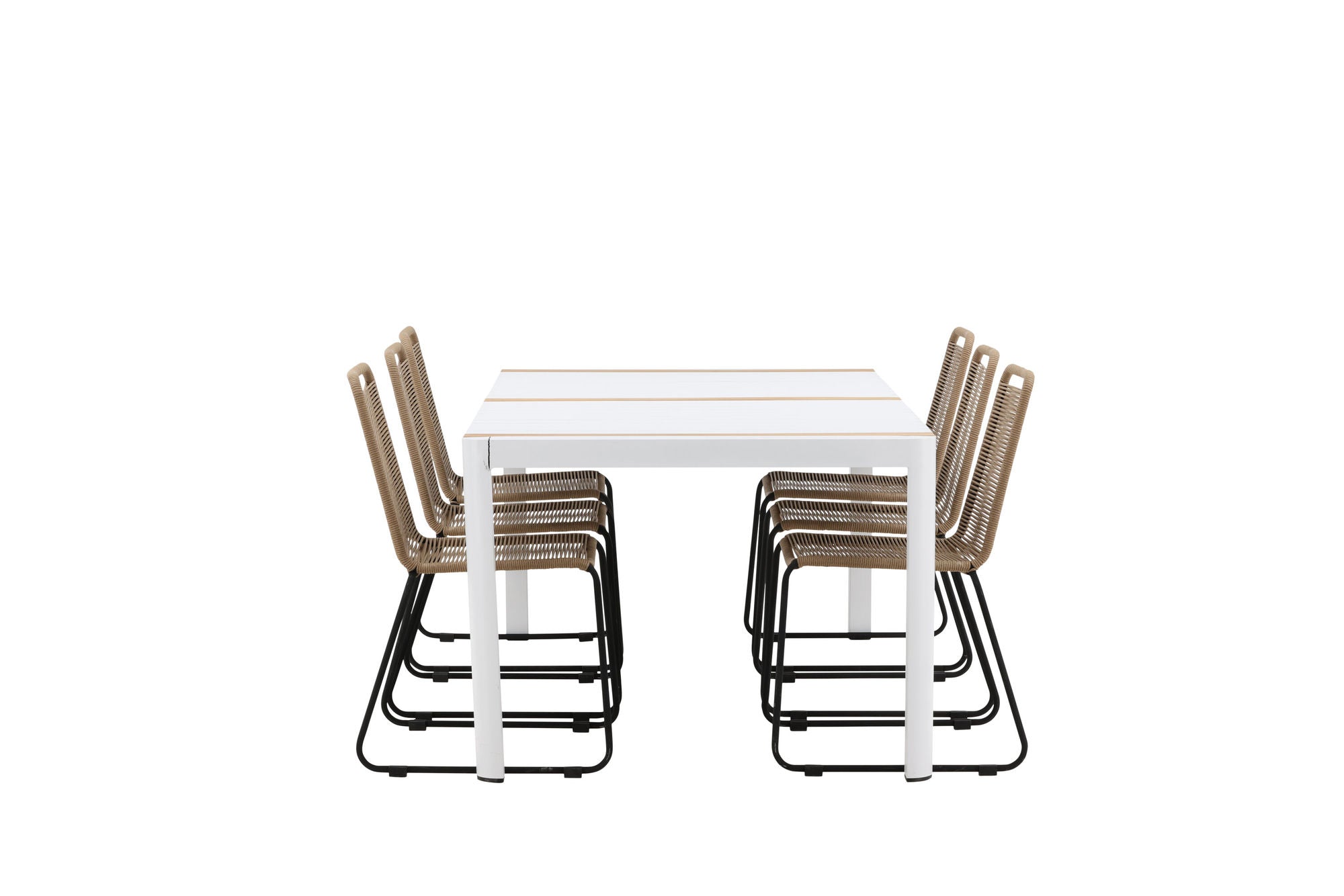 Venture Home Togo - spisebord- White / Teak - Allu / Teak - 200*100 _1+ Lindos Stacking stol - Black Alu / Latte Rope _6