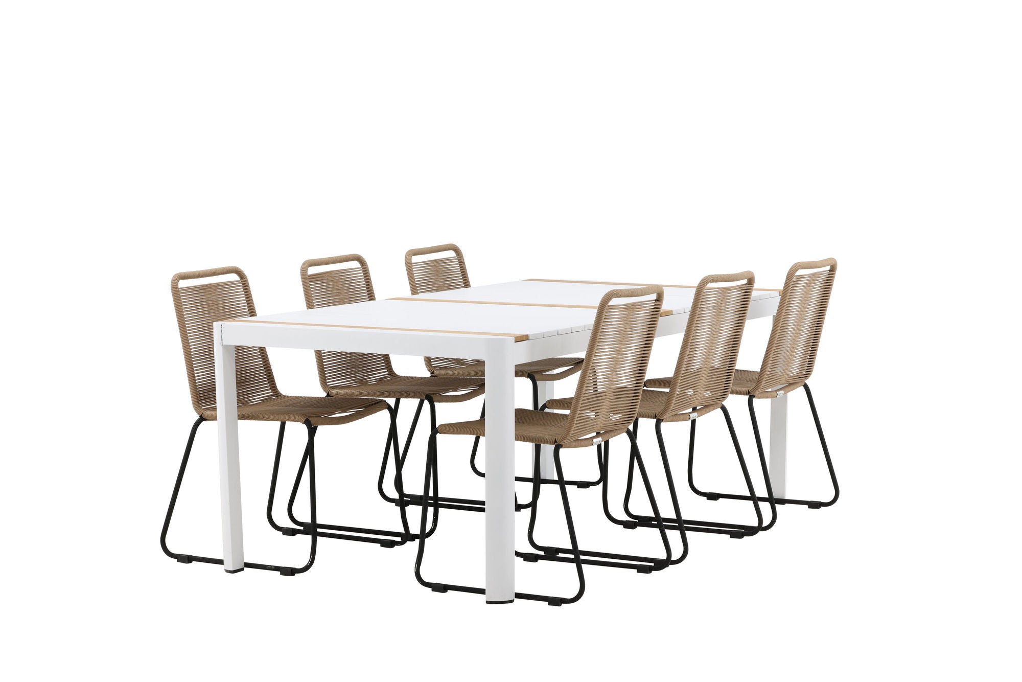 Venture Home Togo - spisebord- White / Teak - Allu / Teak - 200*100 _1+ Lindos Stacking stol - Black Alu / Latte Rope _6