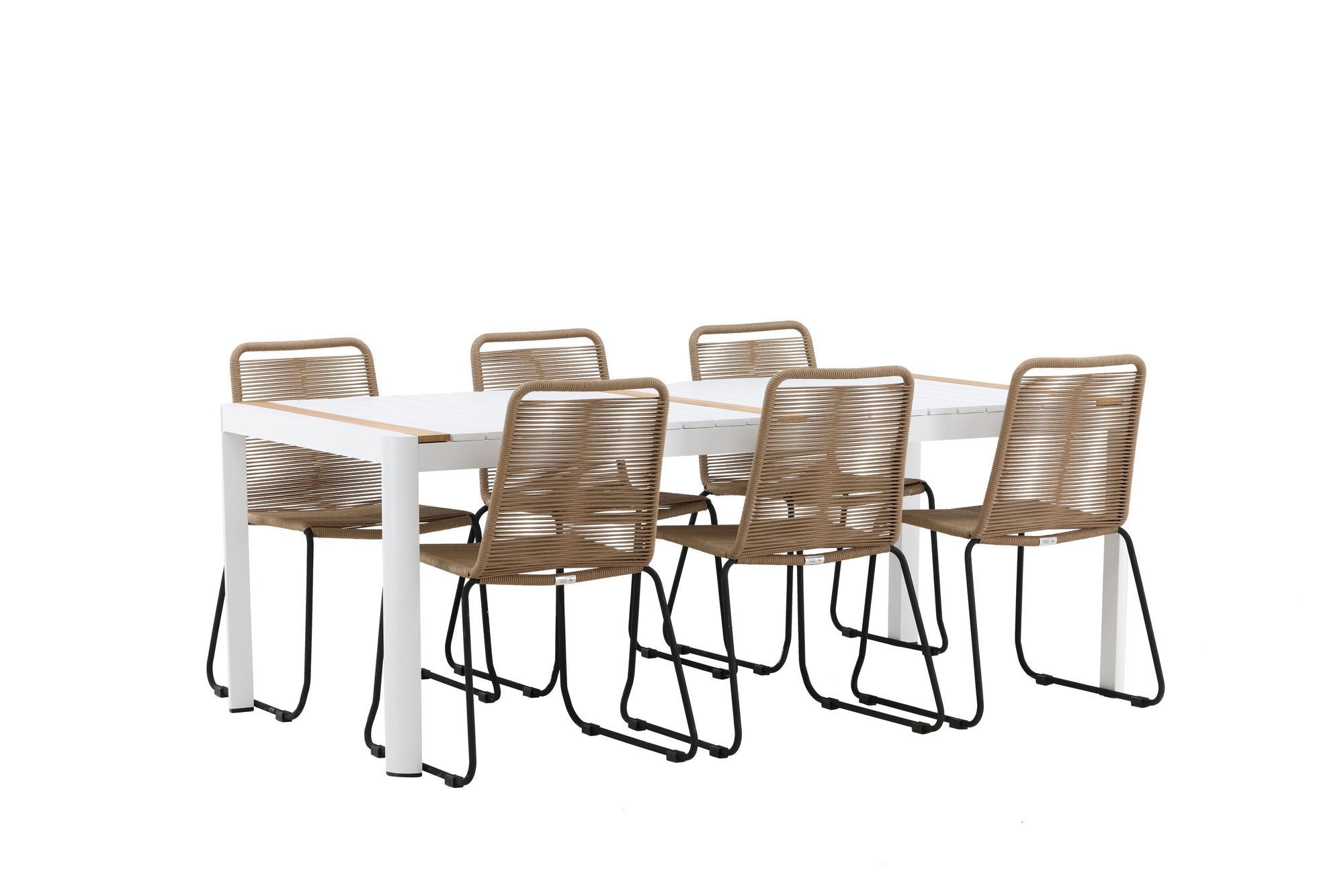 Venture Home Togo - spisebord- White / Teak - Allu / Teak - 200*100 _1+ Lindos Stacking stol - Black Alu / Latte Rope _6