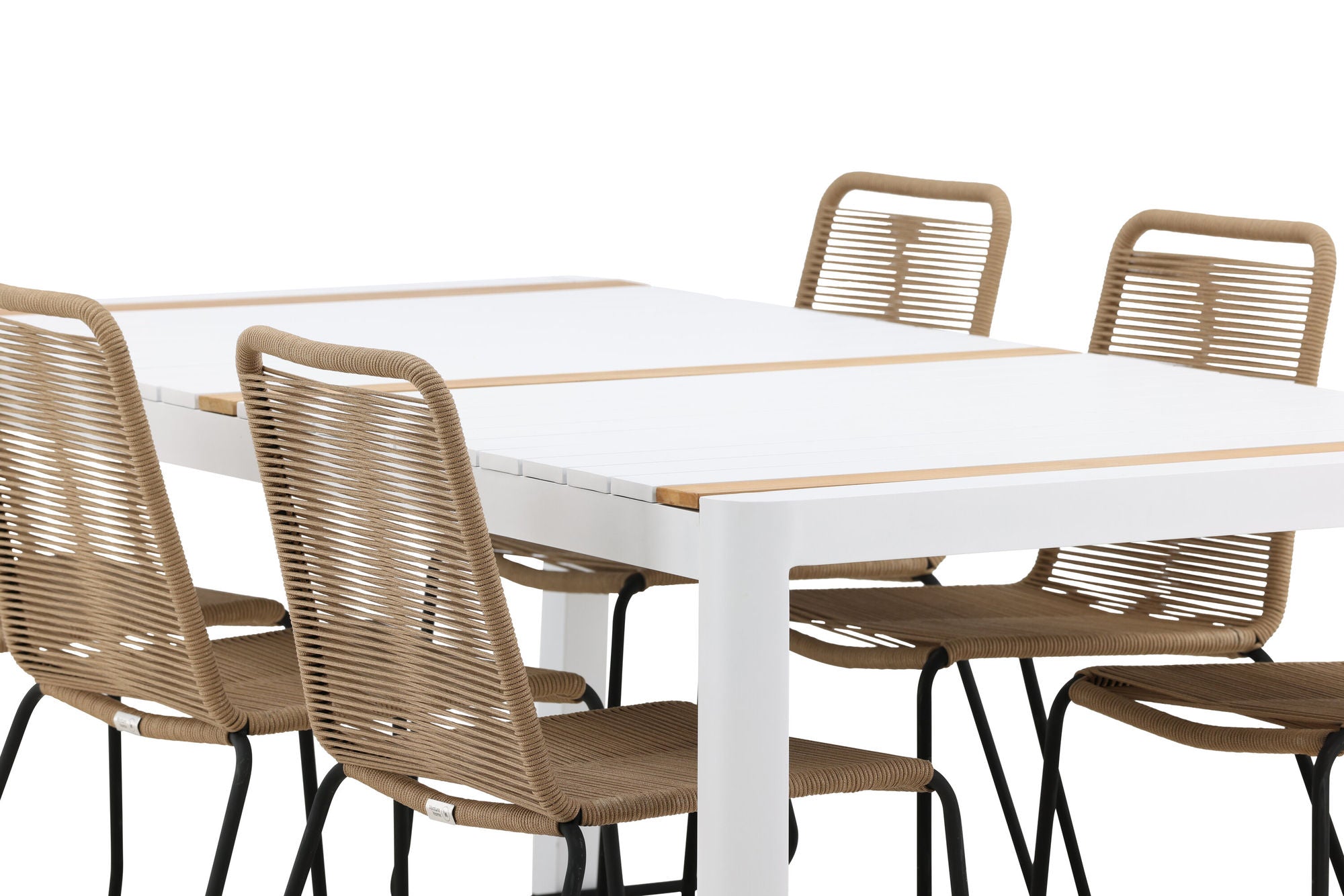 Venture Home Togo - spisebord- White / Teak - Allu / Teak - 200*100 _1+ Lindos Stacking stol - Black Alu / Latte Rope _6