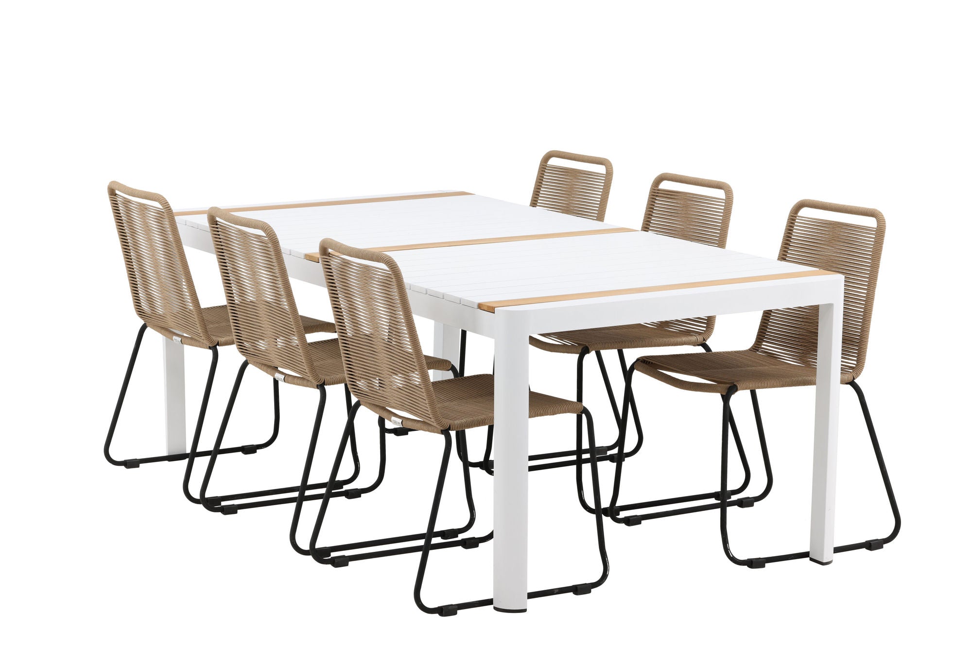 Venture Home Togo - spisebord- White / Teak - Allu / Teak - 200*100 _1+ Lindos Stacking stol - Black Alu / Latte Rope _6