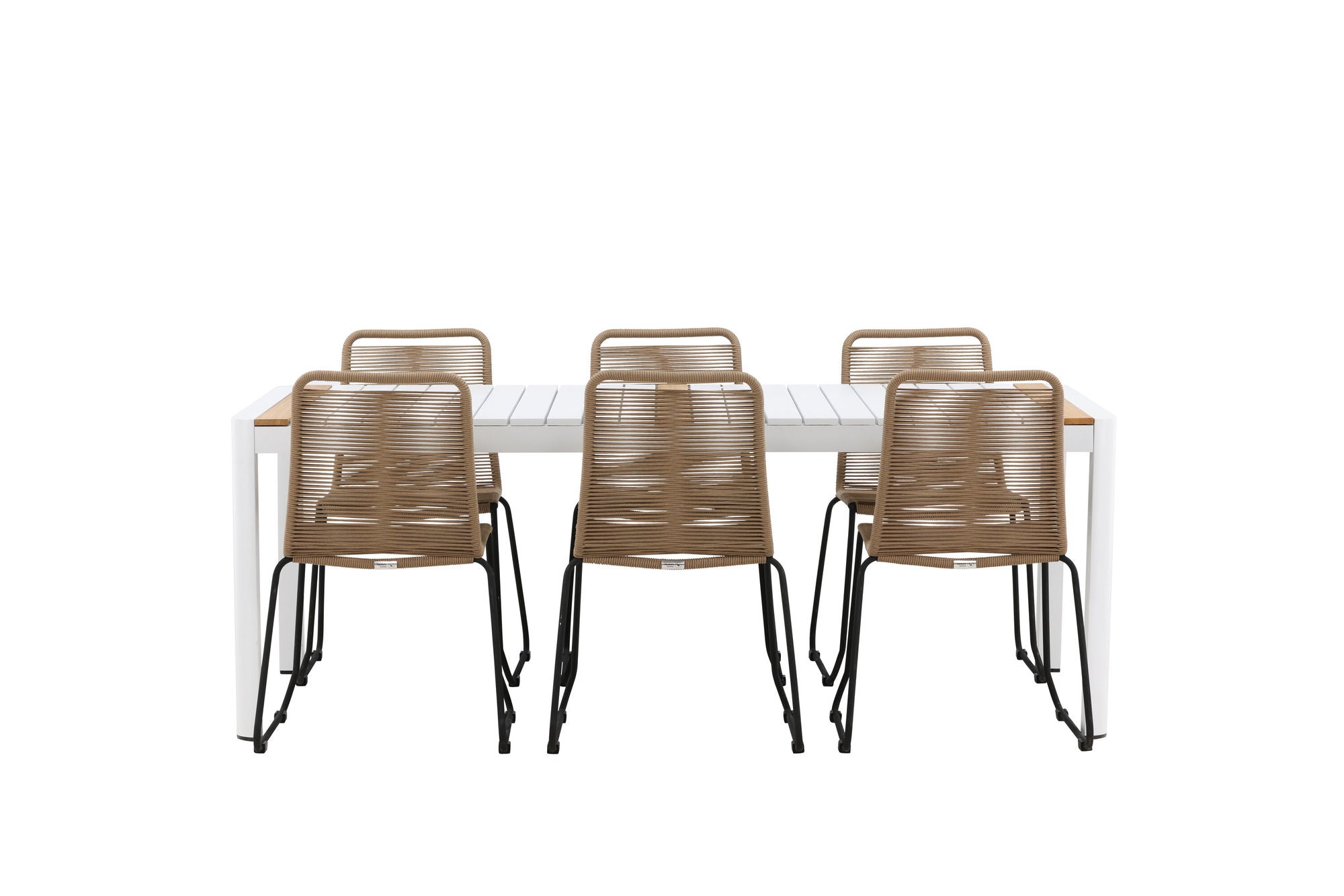 Venture Home Togo - spisebord- White / Teak - Allu / Teak - 200*100 _1+ Lindos Stacking stol - Black Alu / Latte Rope _6