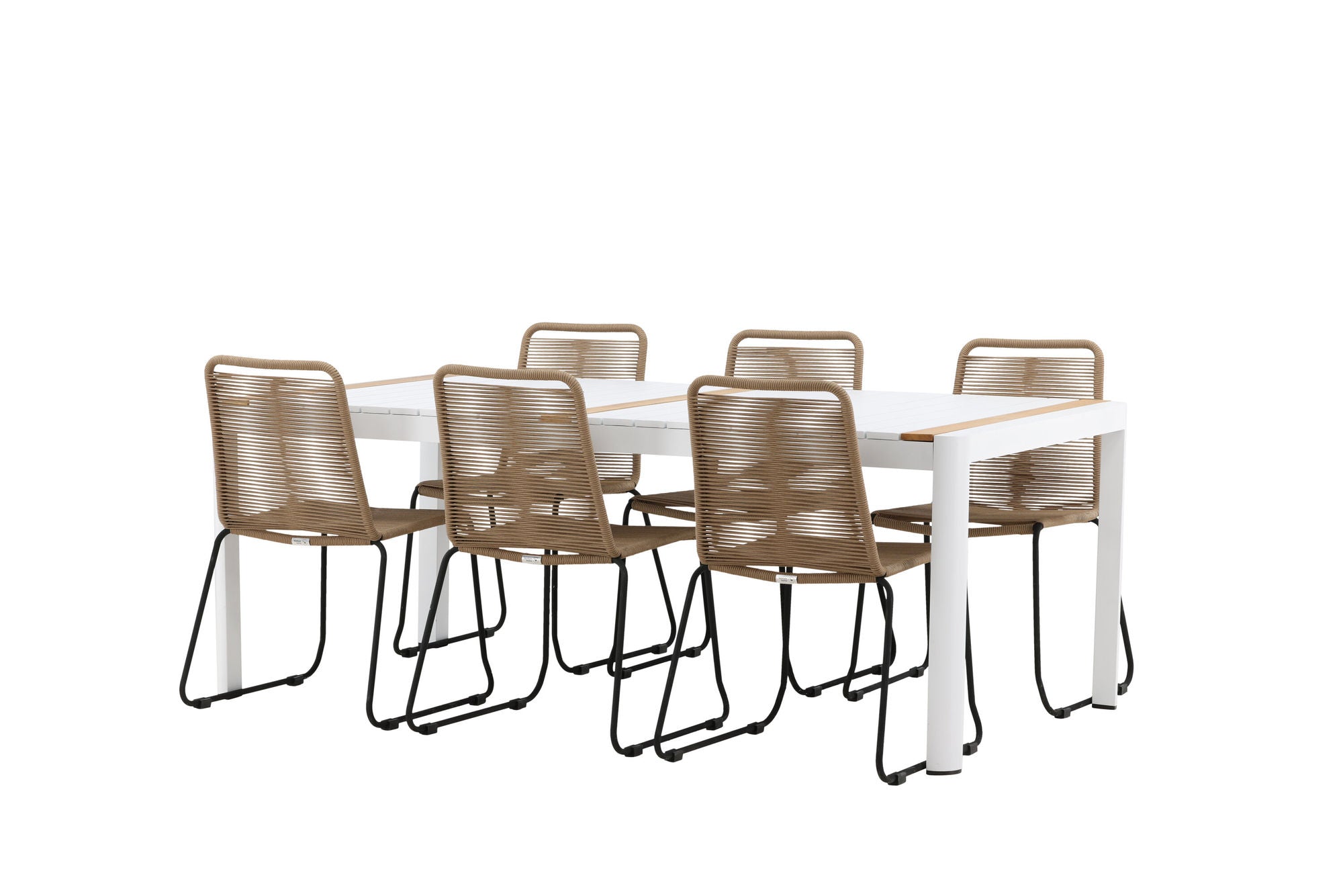 Venture Home Togo - spisebord- White / Teak - Allu / Teak - 200*100 _1+ Lindos Stacking stol - Black Alu / Latte Rope _6