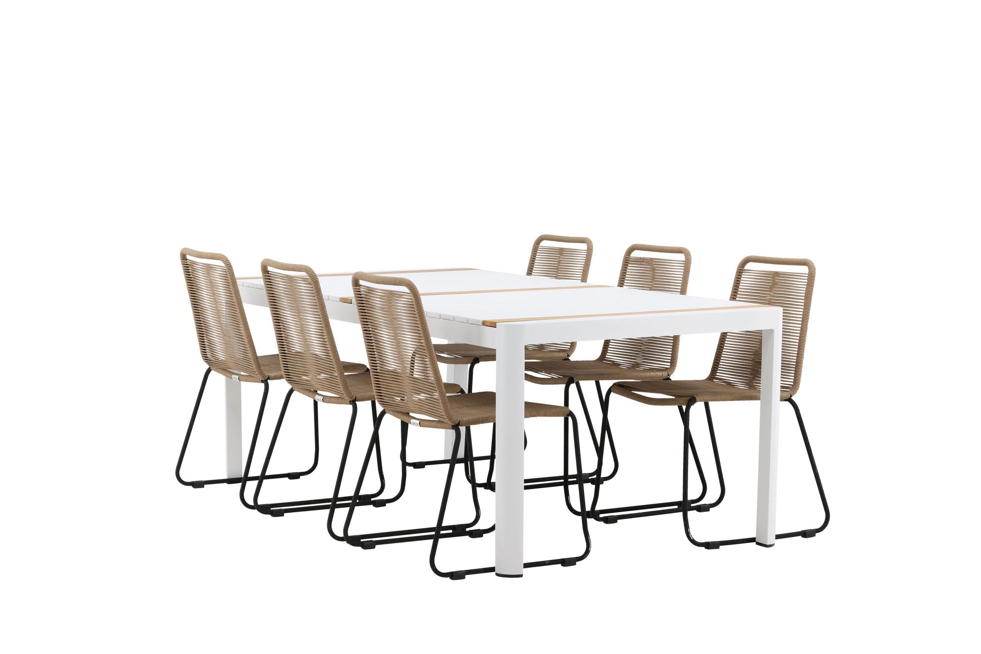 Venture Home Togo - spisebord- White / Teak - Allu / Teak - 200*100 _1+ Lindos Stacking stol - Black Alu / Latte Rope _6