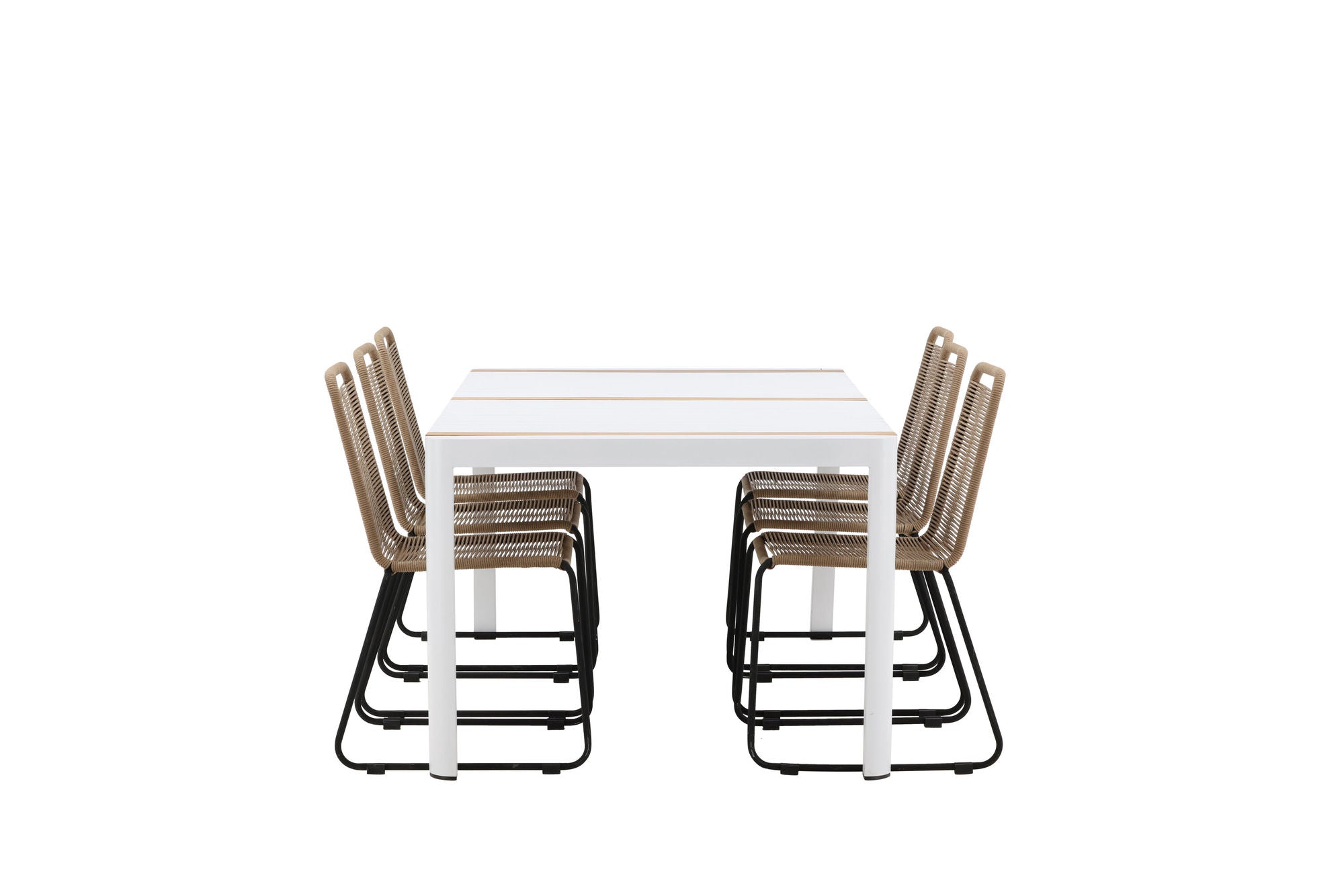 Venture Home Togo - spisebord- White / Teak - Allu / Teak - 200*100 _1+ Lindos Stacking stol - Black Alu / Latte Rope _6