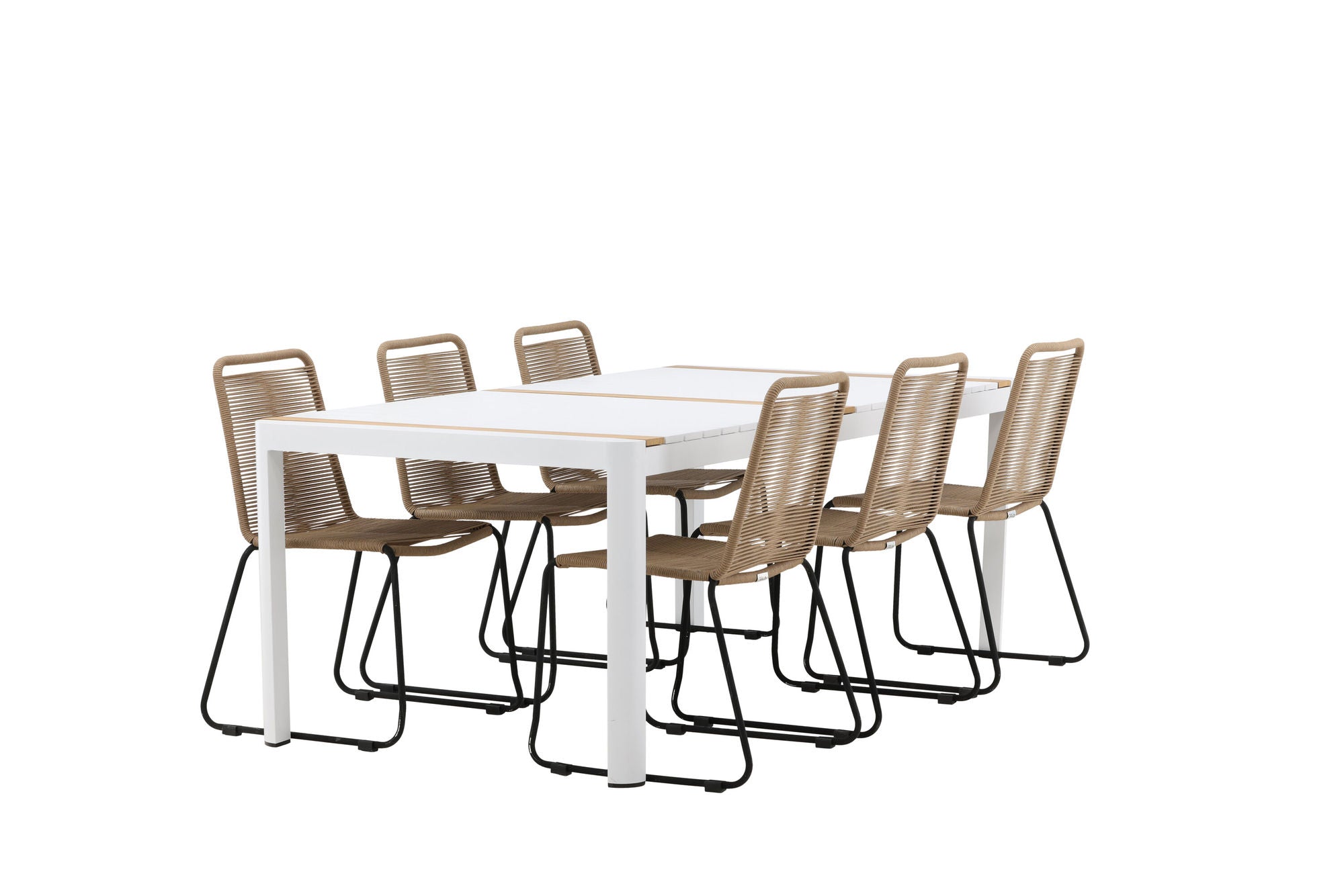 Venture Home Togo - spisebord- White / Teak - Allu / Teak - 200*100 _1+ Lindos Stacking stol - Black Alu / Latte Rope _6