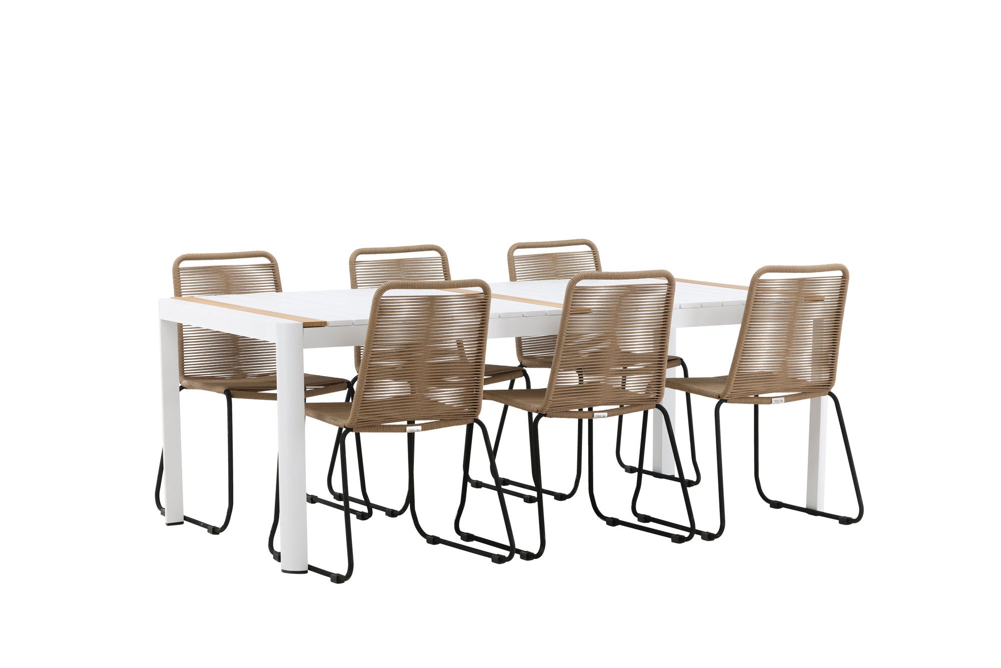 Venture Home Togo - spisebord- White / Teak - Allu / Teak - 200*100 _1+ Lindos Stacking stol - Black Alu / Latte Rope _6