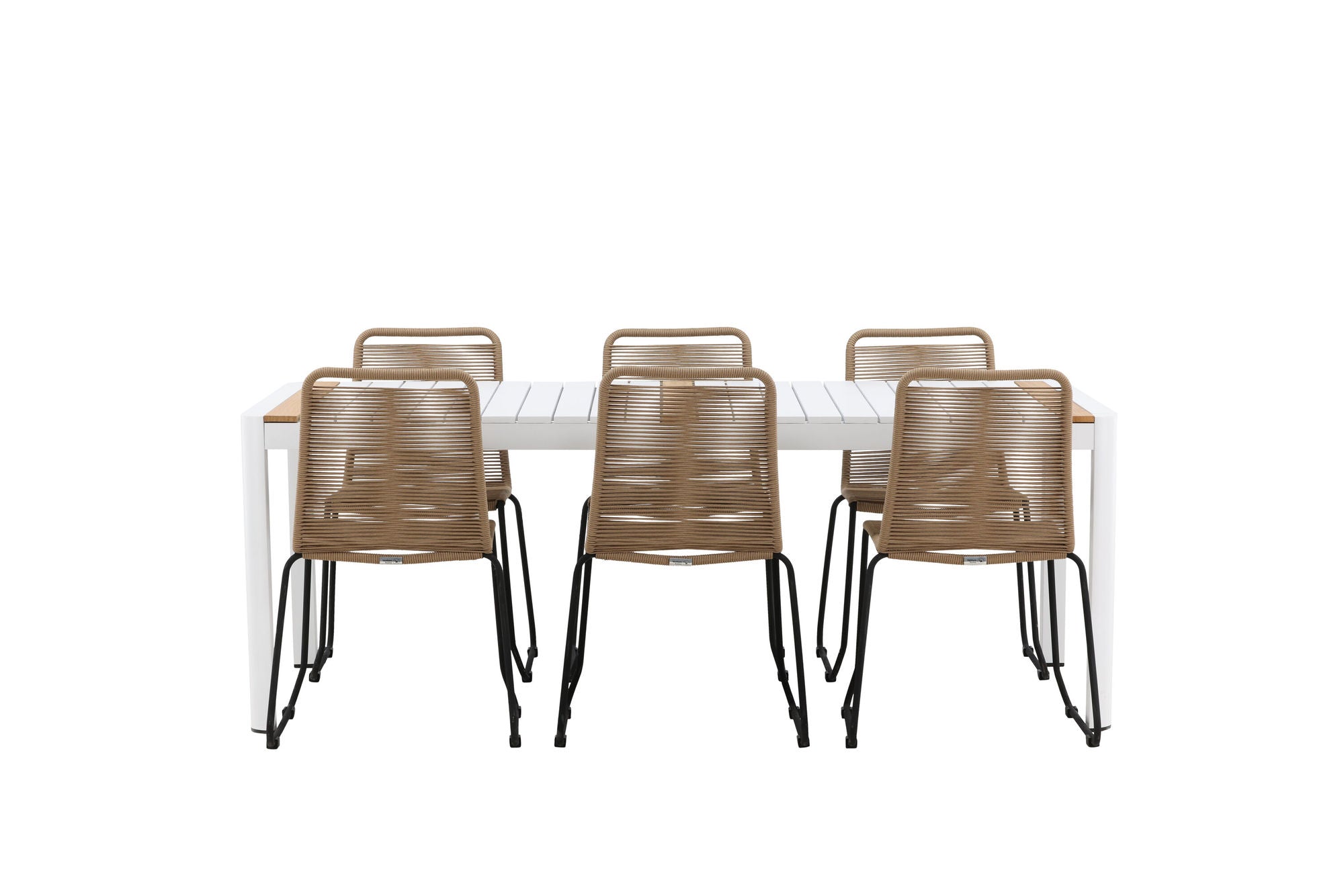 Venture Home Togo - spisebord- White / Teak - Allu / Teak - 200*100 _1+ Lindos Stacking stol - Black Alu / Latte Rope _6
