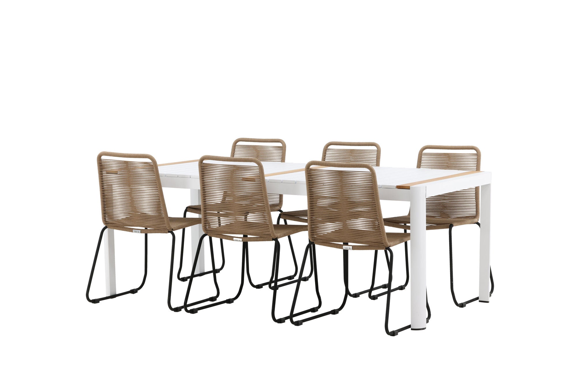 Venture Home Togo - spisebord- White / Teak - Allu / Teak - 200*100 _1+ Lindos Stacking stol - Black Alu / Latte Rope _6