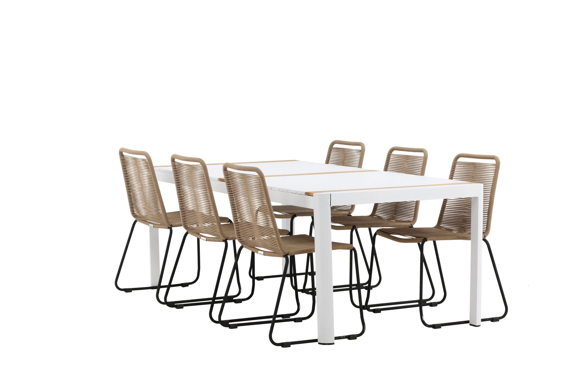 Venture Home Togo - spisebord- White / Teak - Allu / Teak - 200*100 _1+ Lindos Stacking stol - Black Alu / Latte Rope _6
