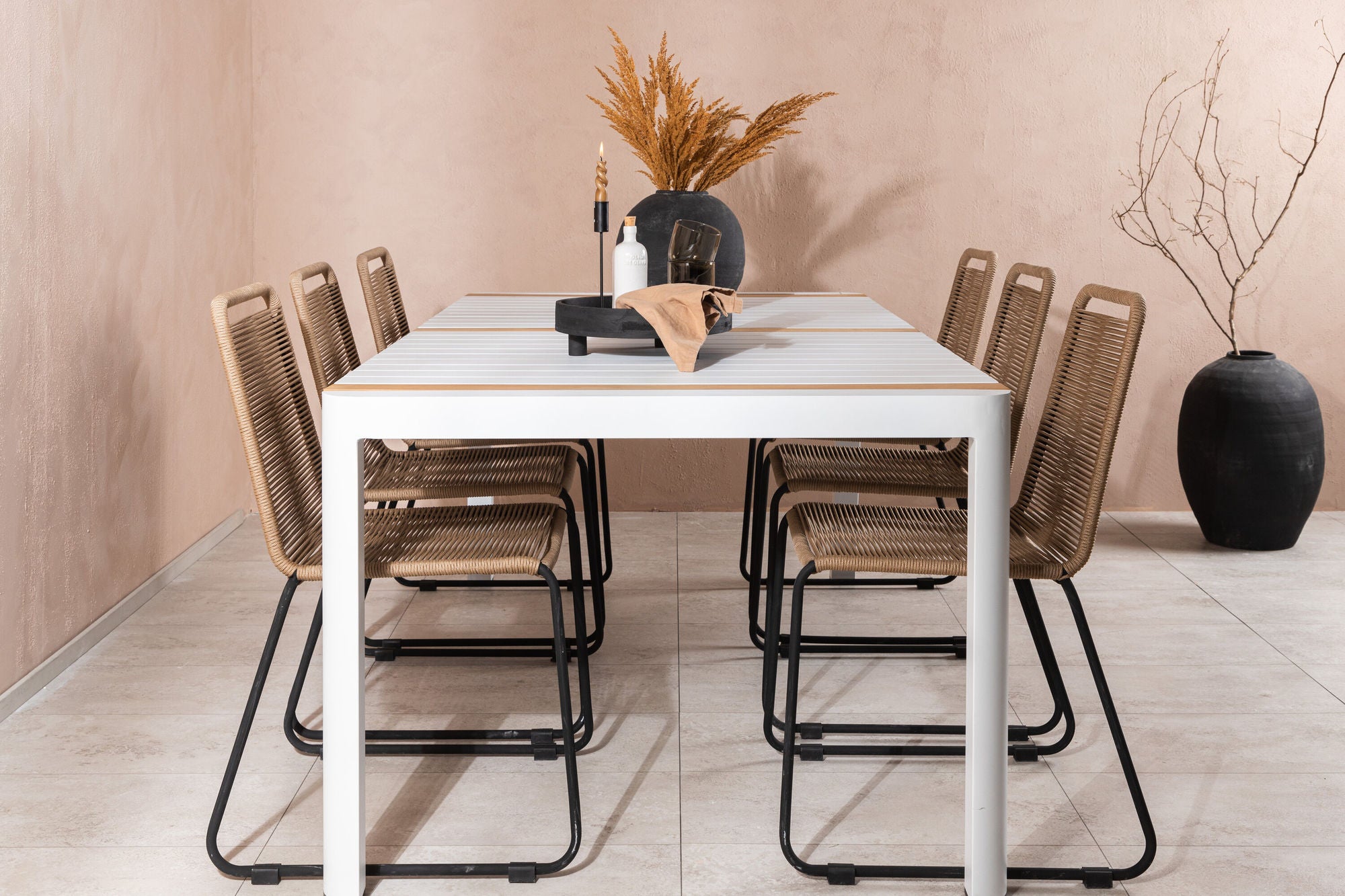 Venture Home Togo - spisebord- White / Teak - Allu / Teak - 200*100 _1+ Lindos Stacking stol - Black Alu / Latte Rope _6