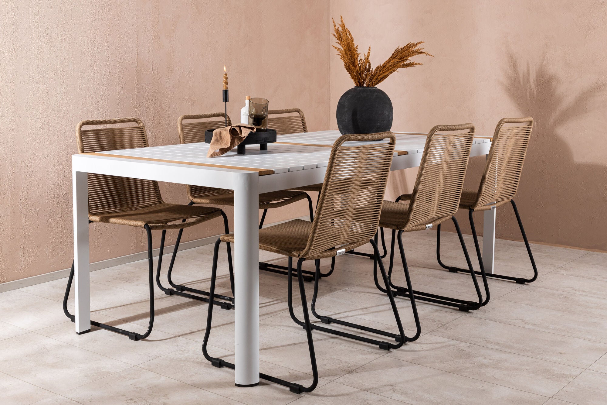 Venture Home Togo - spisebord- White / Teak - Allu / Teak - 200*100 _1+ Lindos Stacking stol - Black Alu / Latte Rope _6