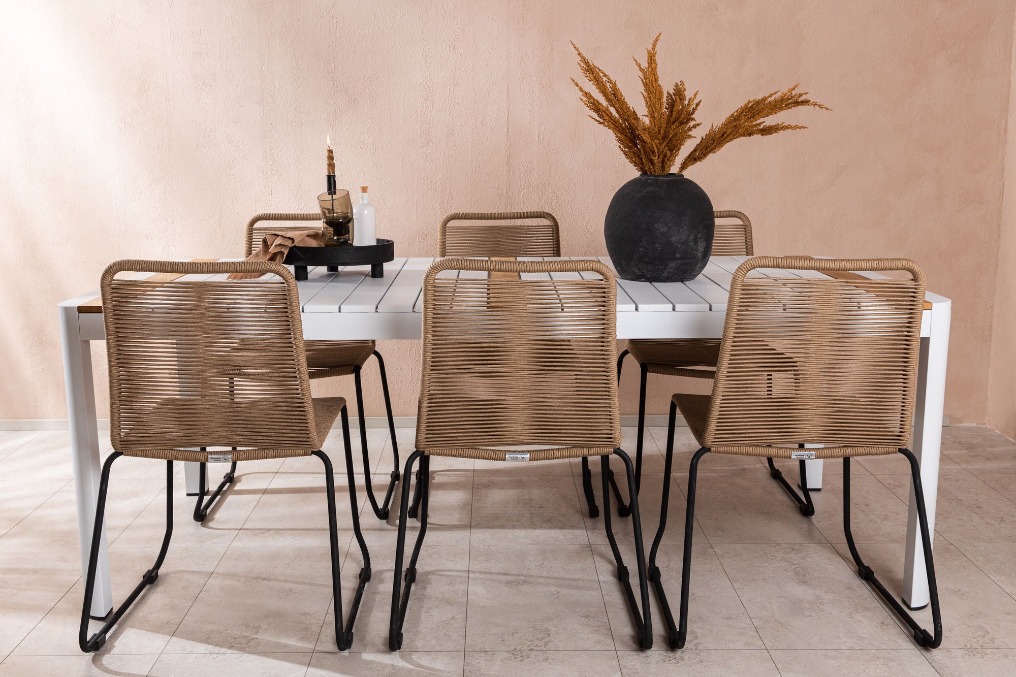 Venture Home Togo - spisebord- White / Teak - Allu / Teak - 200*100 _1+ Lindos Stacking stol - Black Alu / Latte Rope _6