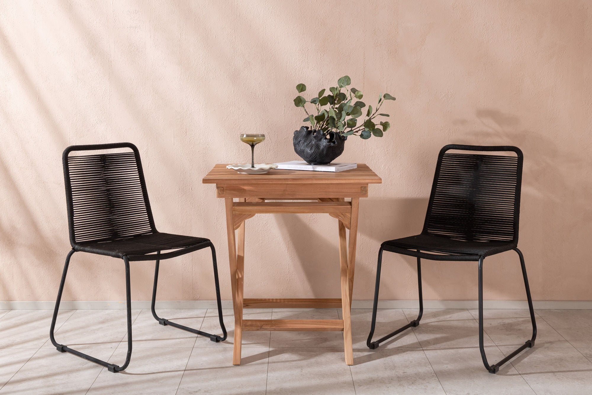 Venture Home Ghana - Folding bord- Natural - Teak - 70*70cm _1+ Lindos Stacking stol - Black Alu / Black Rope _2
