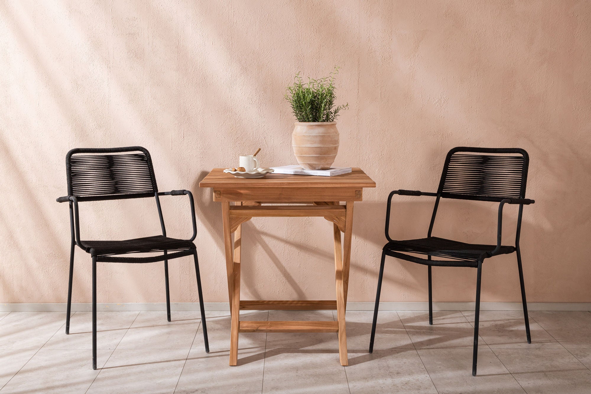 Venture Home Ghana - Folding bord- Natural - Teak - 70*70cm _1+ Lindos Armchair - Black Alu / Black Rope _2