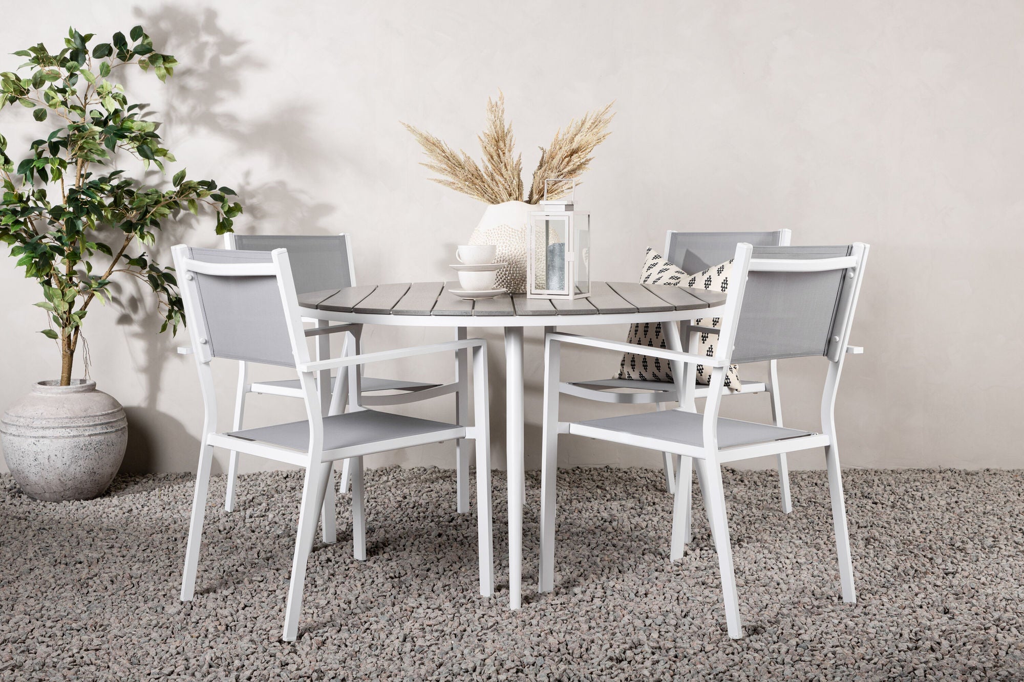 Venture Home Break - spisebord rund- White / Grey - Alu / Aintwood - 120ø _1+ Copacabana Stacking stol - White/Grey _4