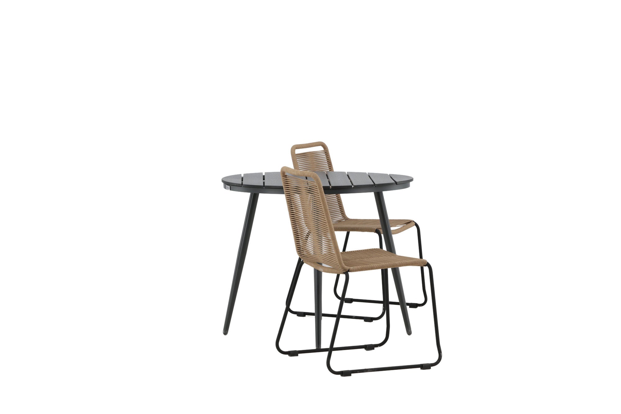 Venture Home Break - spisebord rund- Black / Black - Alu / Aintwood - 90ø _1+ Lindos Stacking stol - Black Alu / Latte Rope _2
