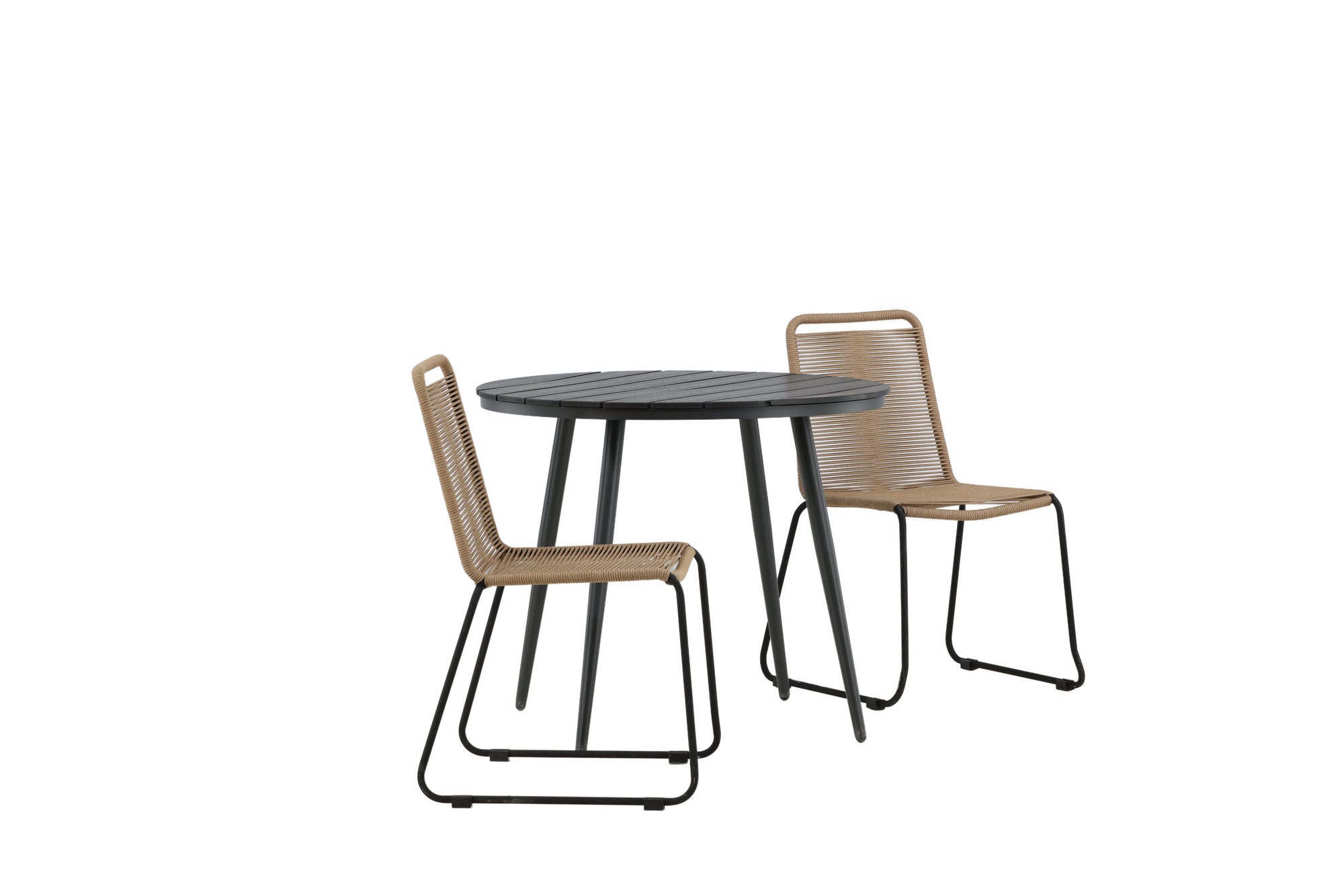 Venture Home Break - spisebord rund- Black / Black - Alu / Aintwood - 90ø _1+ Lindos Stacking stol - Black Alu / Latte Rope _2