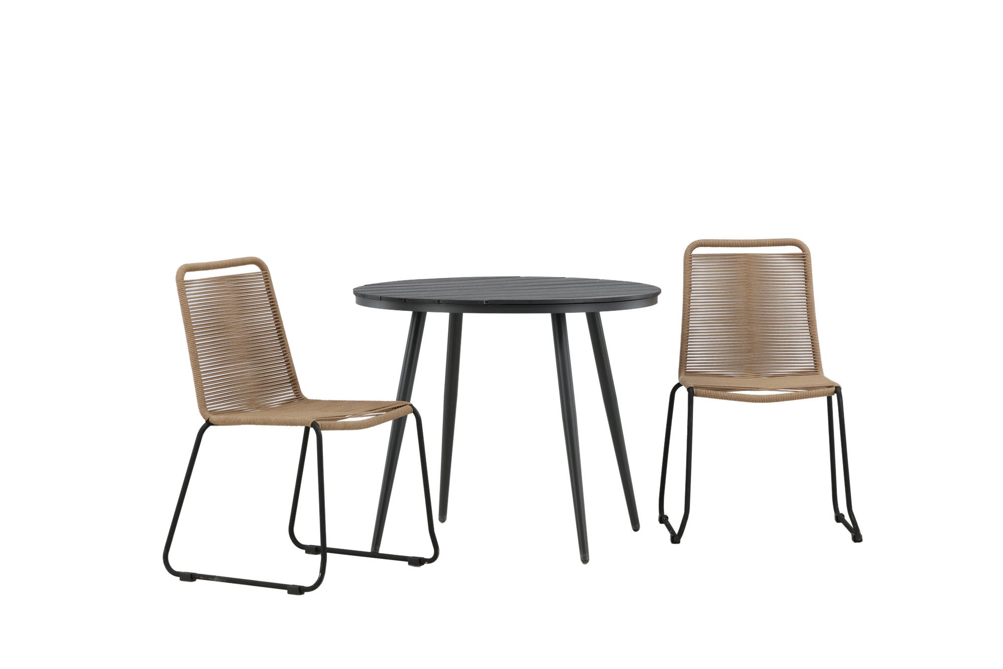 Venture Home Break - spisebord rund- Black / Black - Alu / Aintwood - 90ø _1+ Lindos Stacking stol - Black Alu / Latte Rope _2