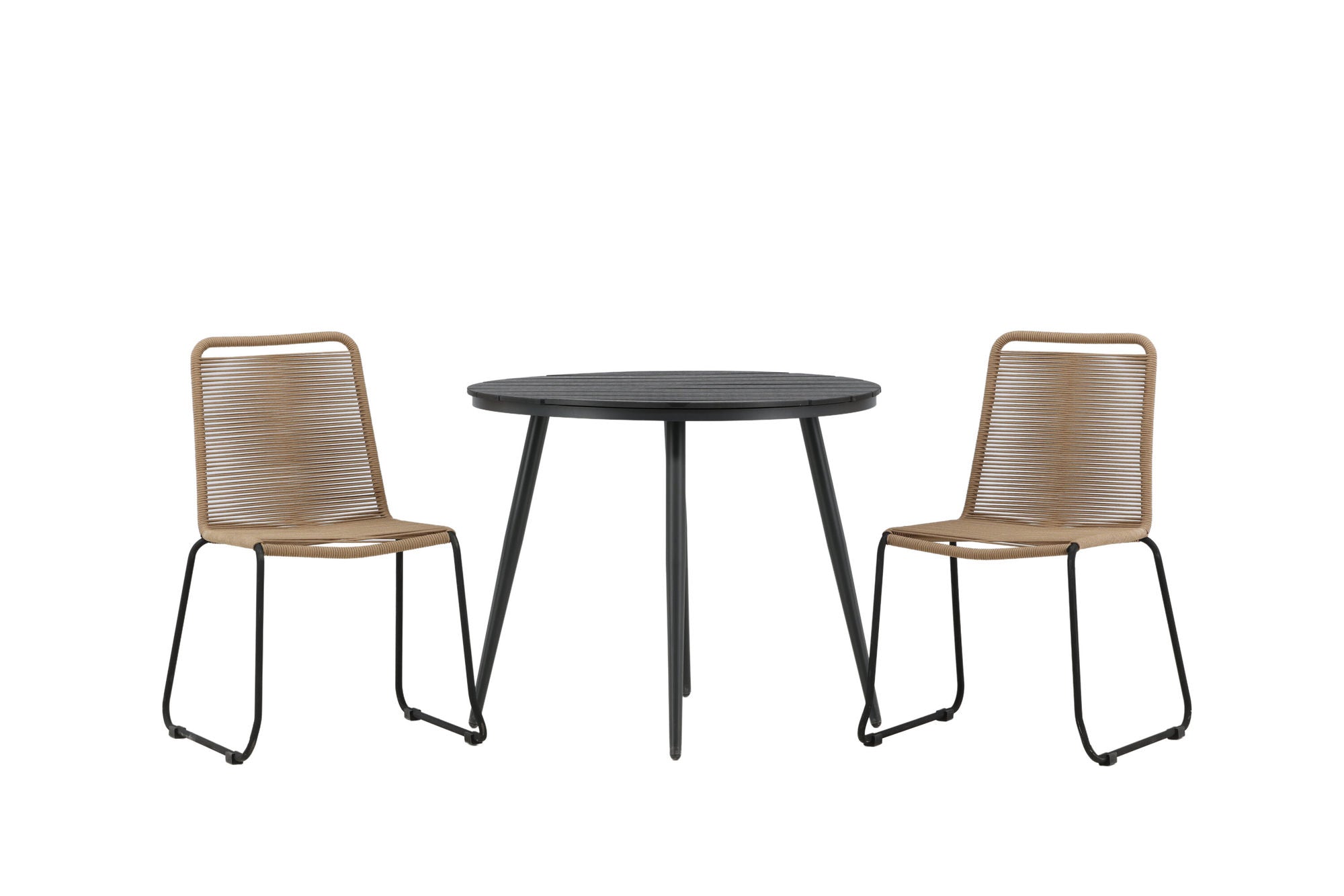 Venture Home Break - spisebord rund- Black / Black - Alu / Aintwood - 90ø _1+ Lindos Stacking stol - Black Alu / Latte Rope _2