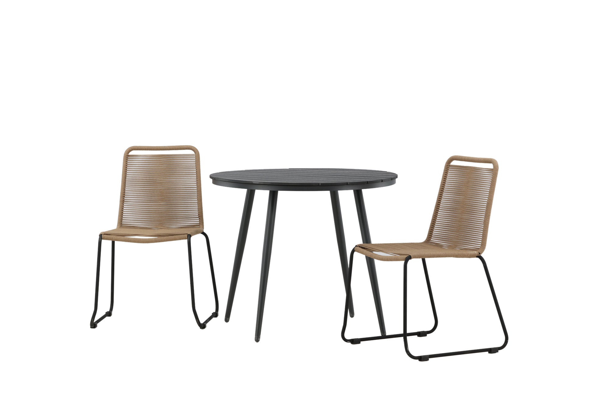 Venture Home Break - spisebord rund- Black / Black - Alu / Aintwood - 90ø _1+ Lindos Stacking stol - Black Alu / Latte Rope _2