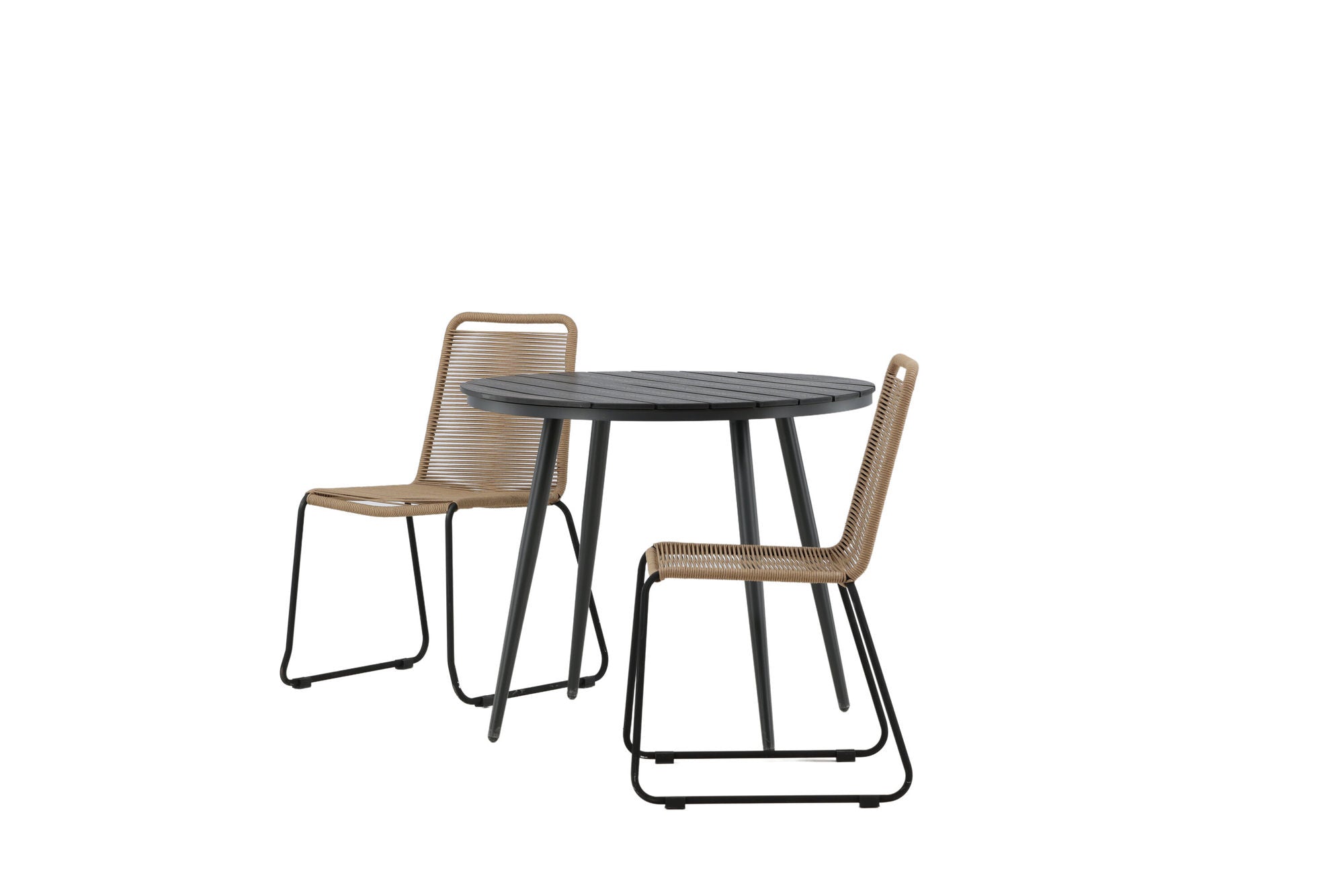 Venture Home Break - spisebord rund- Black / Black - Alu / Aintwood - 90ø _1+ Lindos Stacking stol - Black Alu / Latte Rope _2