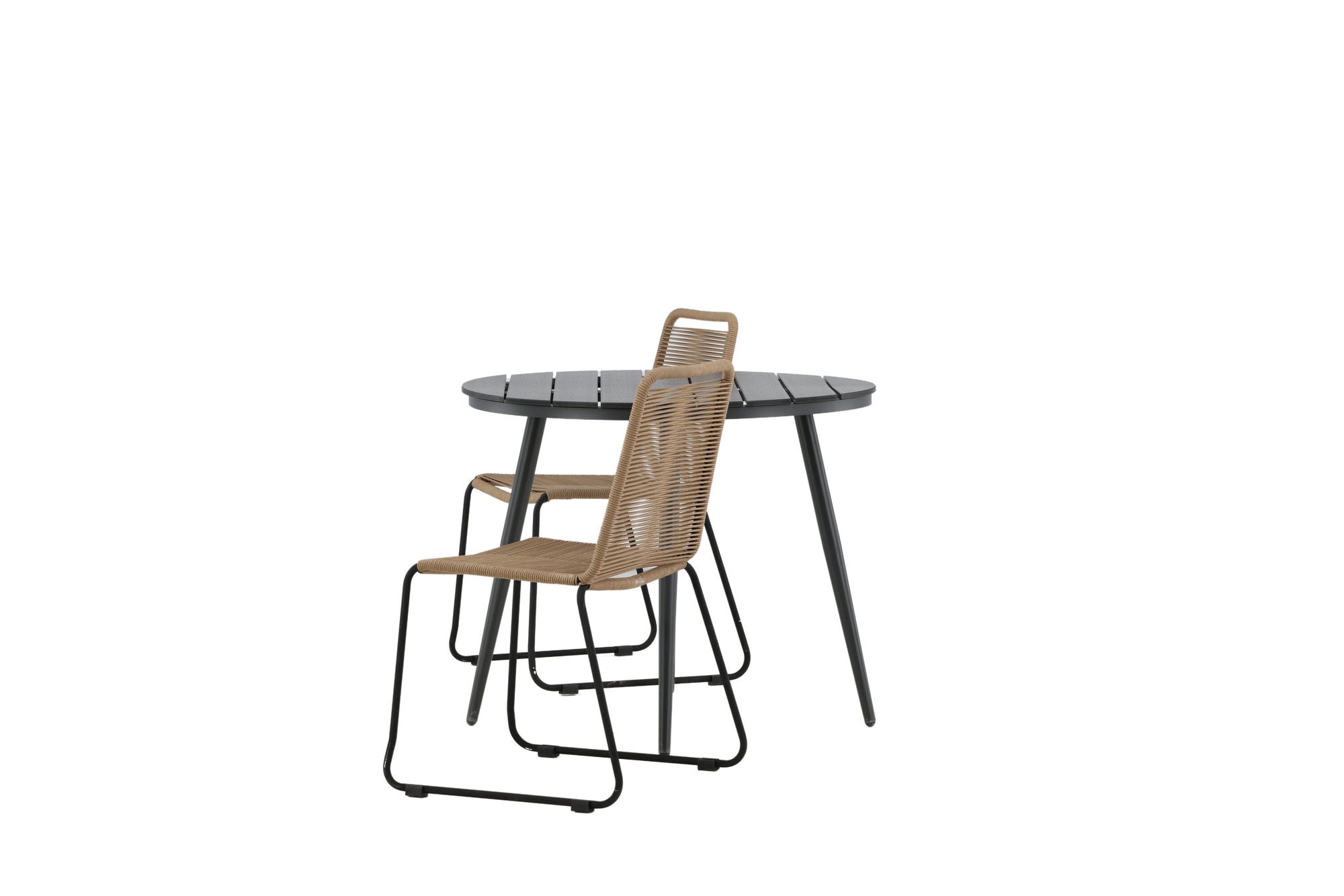 Venture Home Break - spisebord rund- Black / Black - Alu / Aintwood - 90ø _1+ Lindos Stacking stol - Black Alu / Latte Rope _2