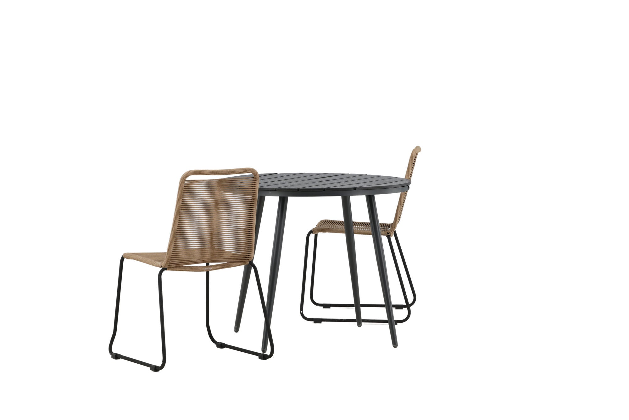 Venture Home Break - spisebord rund- Black / Black - Alu / Aintwood - 90ø _1+ Lindos Stacking stol - Black Alu / Latte Rope _2