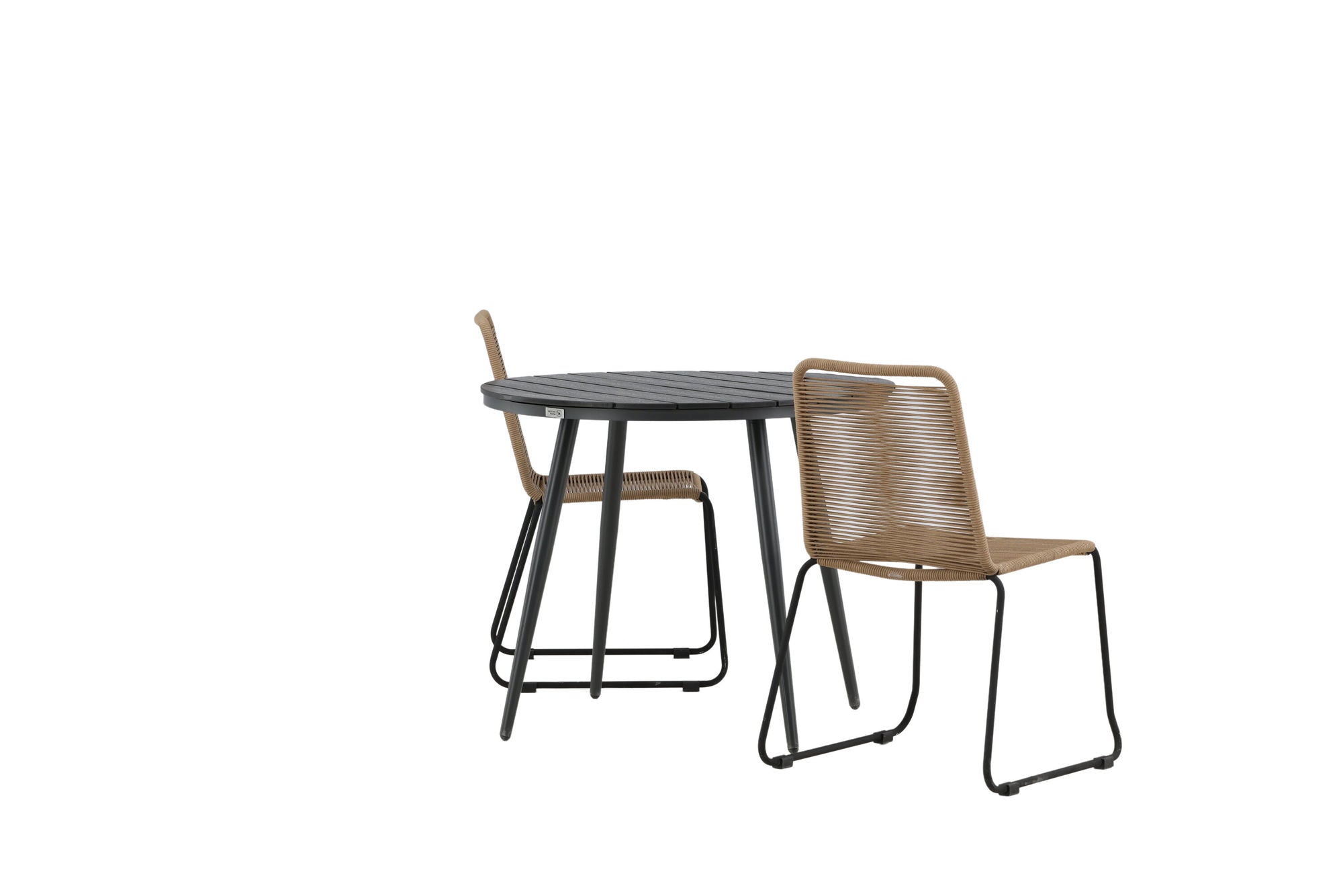 Venture Home Break - spisebord rund- Black / Black - Alu / Aintwood - 90ø _1+ Lindos Stacking stol - Black Alu / Latte Rope _2