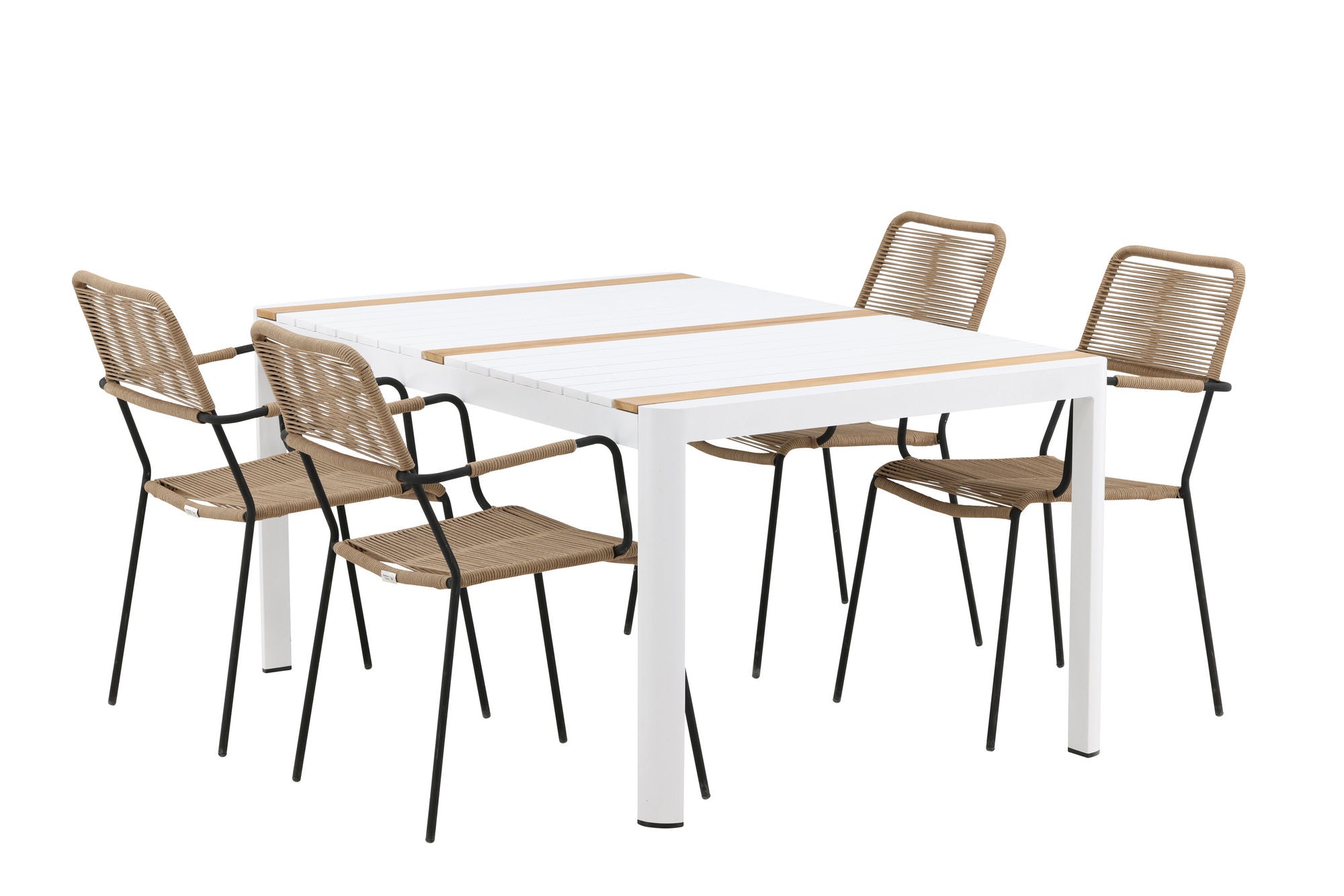 Venture Home Togo - spisebord- White / Teak - Allu / Teak - 150*100 _1+ Lindos - Armchair - Black Alu / Latte Rope _4