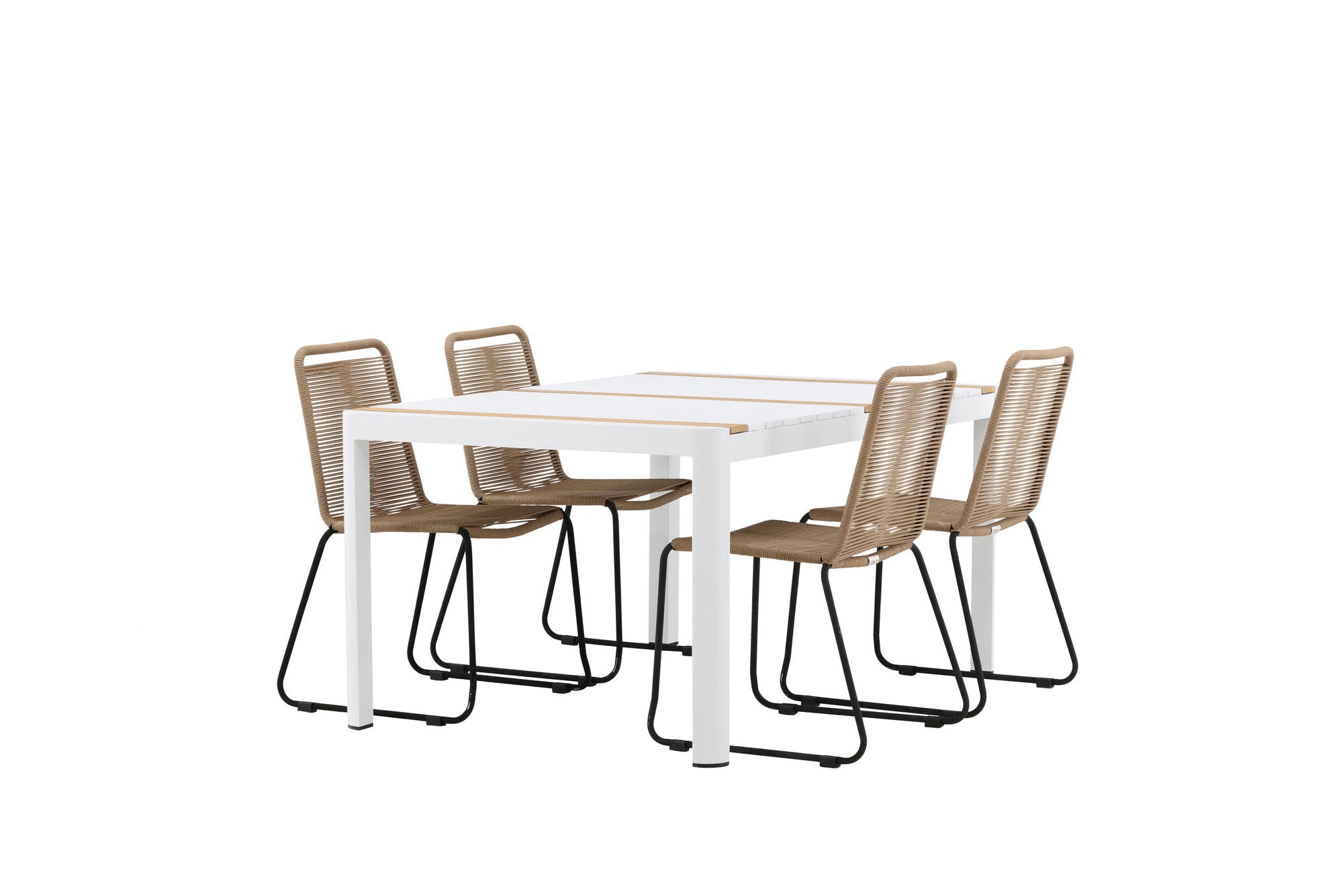 Venture Home Togo - spisebord- White / Teak - Allu / Teak - 150*100 _1+ Lindos Stacking stol - Black Alu / Latte Rope _4