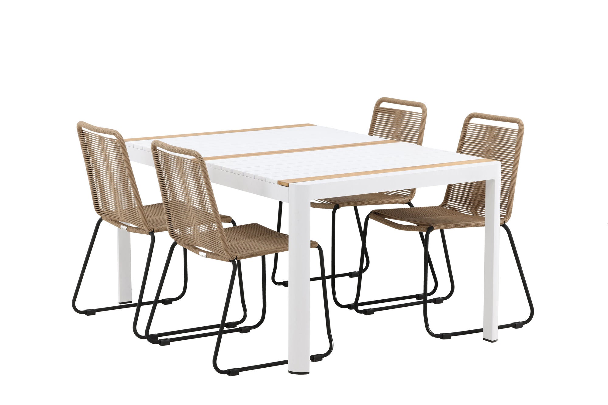 Venture Home Togo - spisebord- White / Teak - Allu / Teak - 150*100 _1+ Lindos Stacking stol - Black Alu / Latte Rope _4
