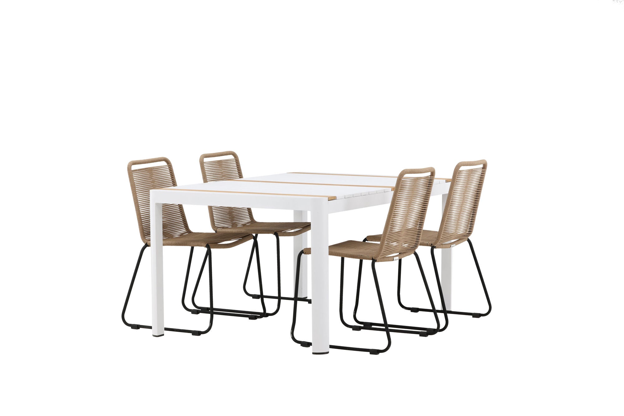 Venture Home Togo - spisebord- White / Teak - Allu / Teak - 150*100 _1+ Lindos Stacking stol - Black Alu / Latte Rope _4