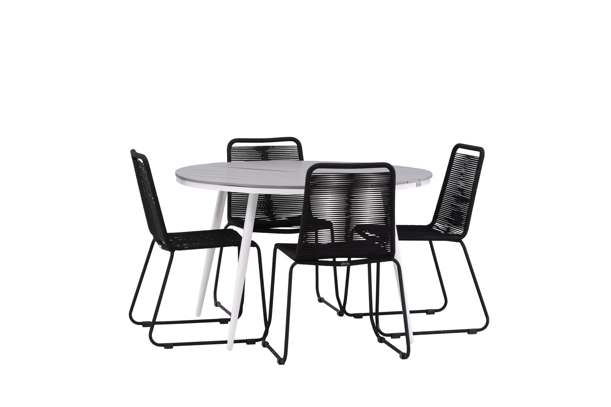 Venture Home Break - spisebord rund- White / Grey - Alu / Aintwood - 120ø _1+ Lindos Stacking stol - Black Alu / Black Rope _4
